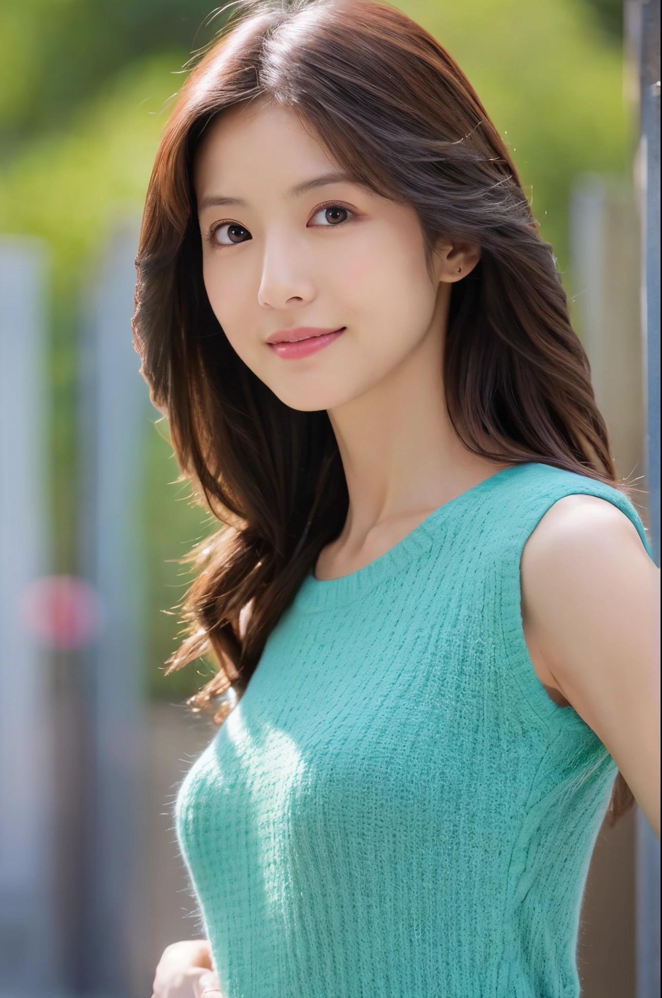 (High reality photograph, high resolusion, detailed face, detailed eyes) Skinny Japanese lady, 40 years old, wife, cute face, various face expression, solo:1, lovely body, skinny figure, small breasts, long wavy hair, emphasizing very thin waist, V-neck dress, full-body photo