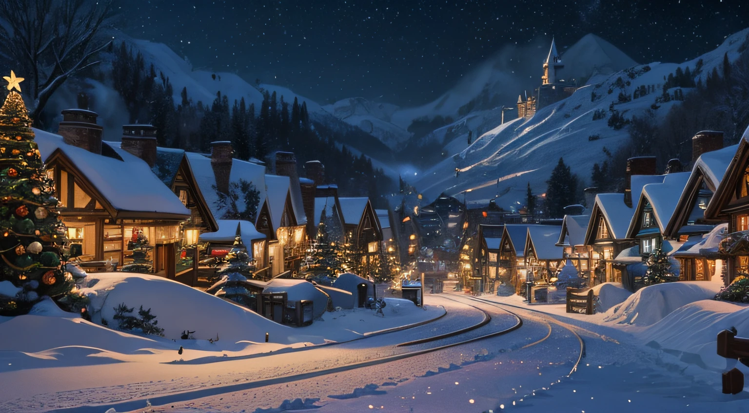 ((masterpiece)), (8k, high_resolution), (best quality), ultra-detailed, snowfall, snowy village with a train and a christmas tree in the middle, winter concept art, blizzard hearthstone concept art, background artwork, stylized concept art, town background, a bustling magical town, nightime village background, hearthstone concept art, fantasy town setting, hearthstone card game artwork, snowy winter christmas night, medeival fantasy town, magical village, town center background