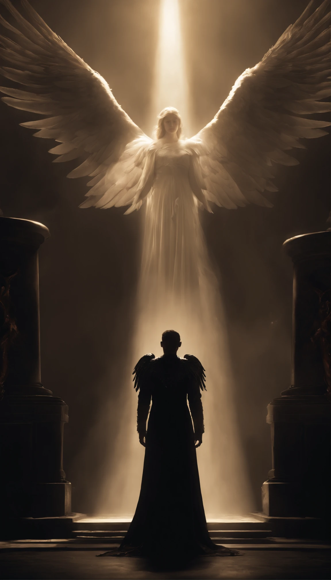 Hyper-detailed, 8K, In heavens black, where shadows loom, An angel fell, consumed by gloom, Wings tarnished, once pure and bright, Now draped in darkness, lost to light, A seraph scorned, a wicked plight, Feathers tainted, turned to night, With eyes ablaze, a sinister gleam, An evil angel, lost in dream, A halo dimmed, its radiance gone, A harbinger of a wicked dawn, In the abyss, it takes its stand, An evil angel, wings unfurled, damned.