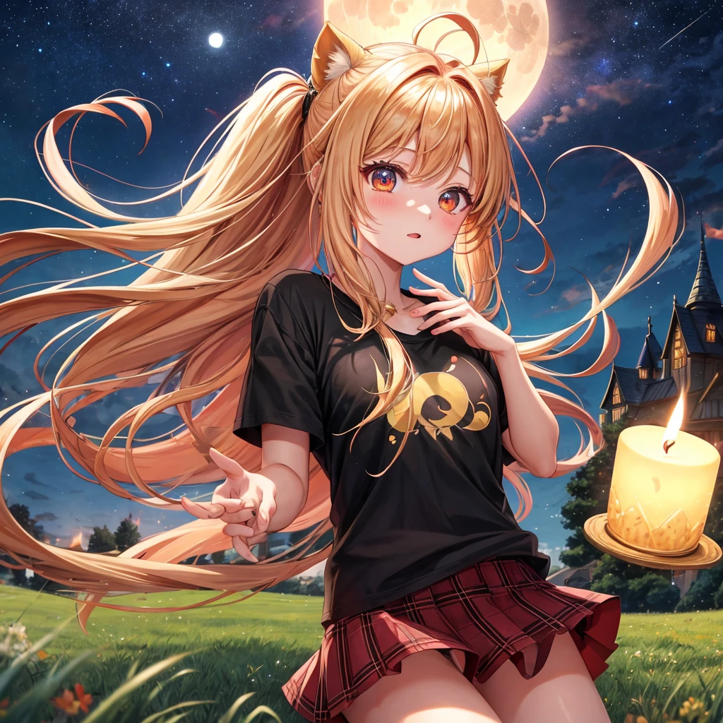 Red-blonde、poneyTail、verd s eyes、one good looking girl、独奏、animesque、lightly dressed、Plaid miniskirt、a black T-shirt、grass field、fullmoon、candle fire、Meteor swarm、starrysky、are flying、golden castle