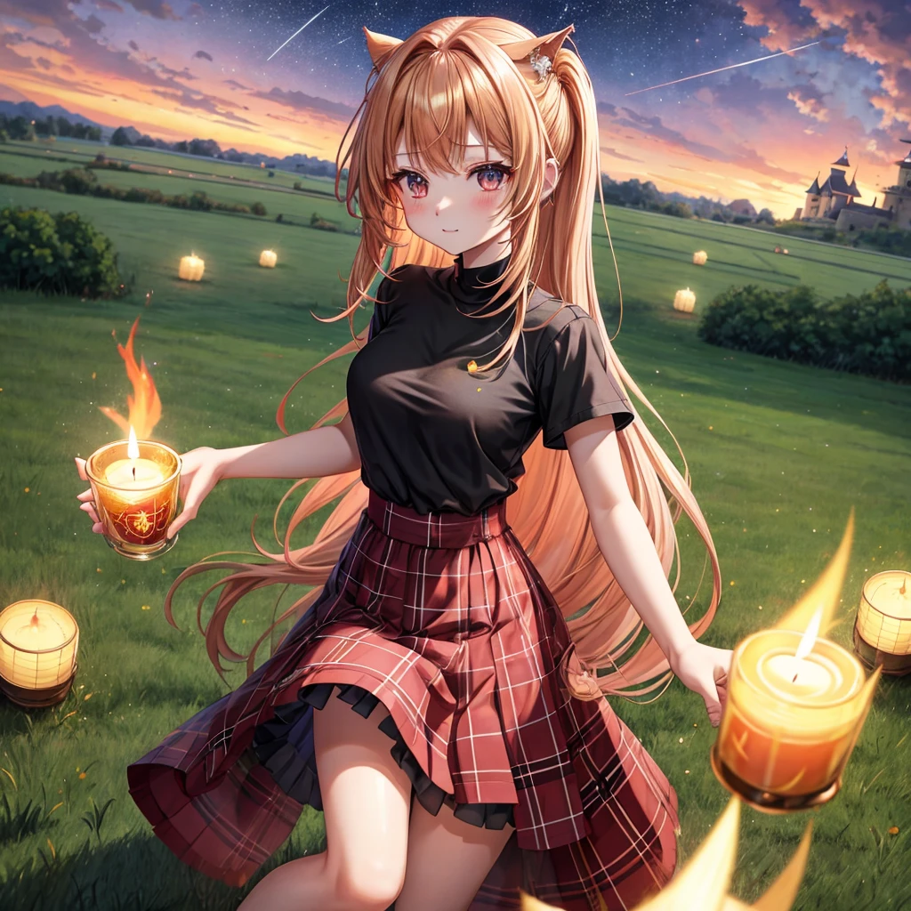 Red-blonde、poneyTail、verd s eyes、one good looking girl、独奏、animesque、lightly dressed、Plaid miniskirt、a black T-shirt、grass field、fullmoon、candle fire、Meteor swarm、starrysky、are flying、golden castle