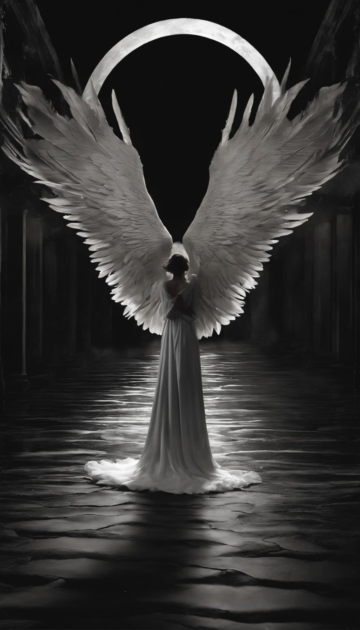 arafed woman with wings sitting on the ground in a black and white photo, angelic wings on her back, winged, beautiful angelic wings, with beautiful wings, winged human, beautiful opened wings, angelic wings, of an beautiful angel girl, angelic, fallen angel, of beautiful angel, big angel wings wide open, massive angel wings, beautiful angel, epic angel wings