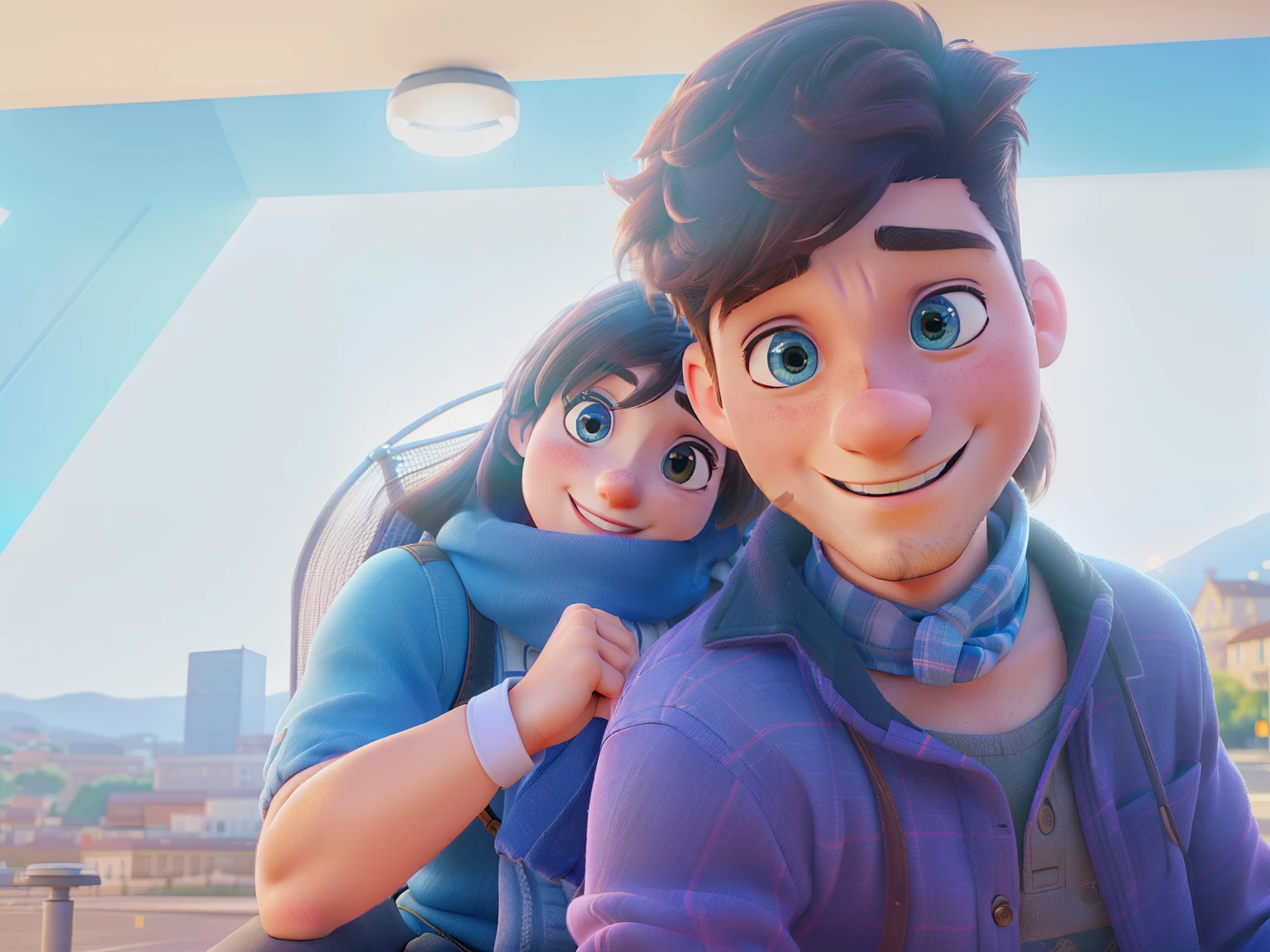 Man and woman sitting, smiling, a young couple, in a bright place, behind a lamppost,
(best quality, 4k, 8k, highres, masterpiece:1.2), ultra-detailed, (realistic, photorealistic, photo-realistic:1.37),
illustration, vivid colors, portraits, natural lighting, warm tones.
