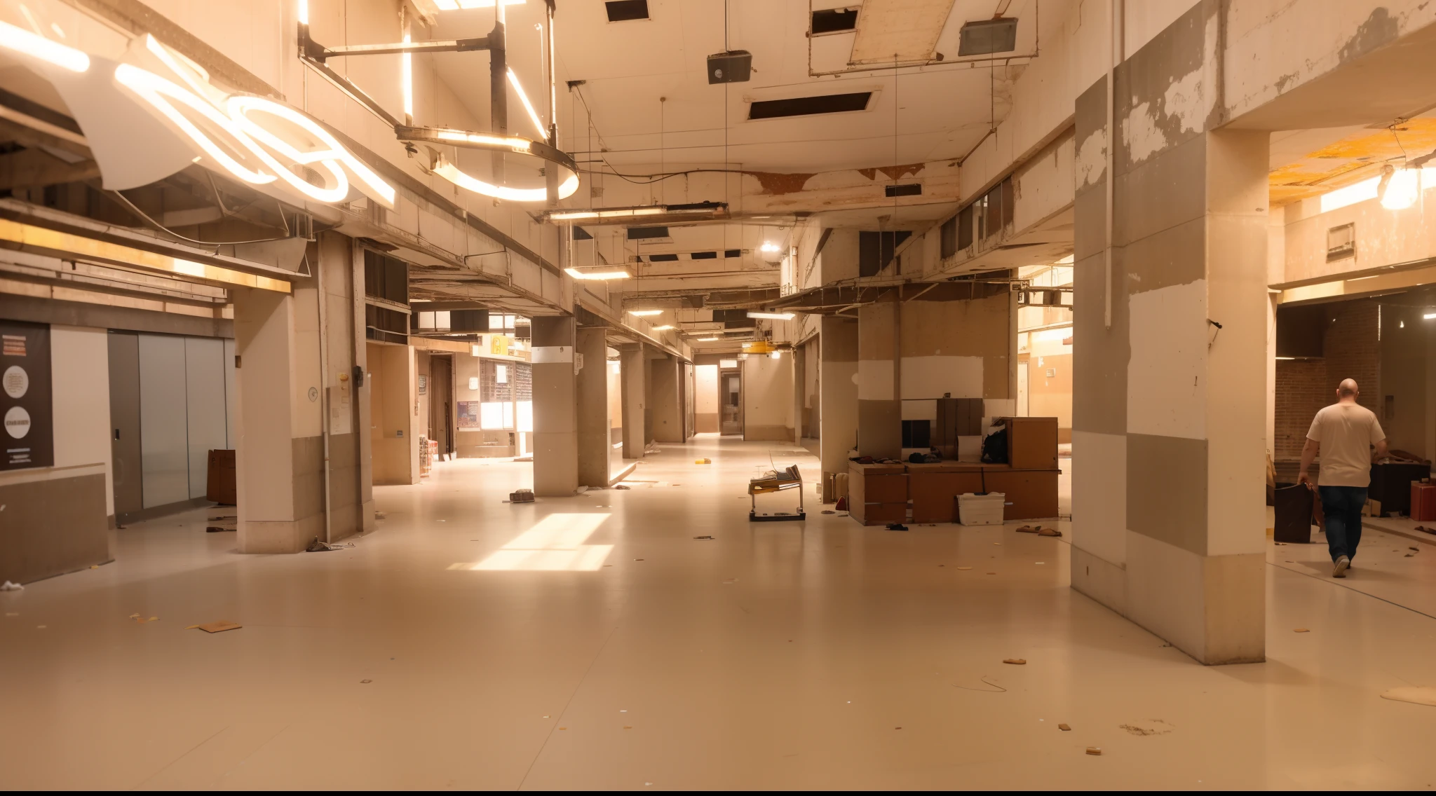 there  a man walking down a hallway with lots of lights, show room scene, exhibition hall lighting, led lights around the place, commercial lighting, suspended ceiling, interior of the hall in area 55, cavernous interior wide shot, in an abandoned shopping mall, in magnificent shopping mall, abandoned shopping mall, commercial, inside the building, wide establishing shot