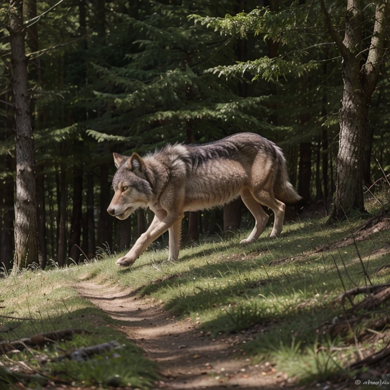 Gray wolf in the forest, The sun is shining, around in green, a hare is hiding in the bushes