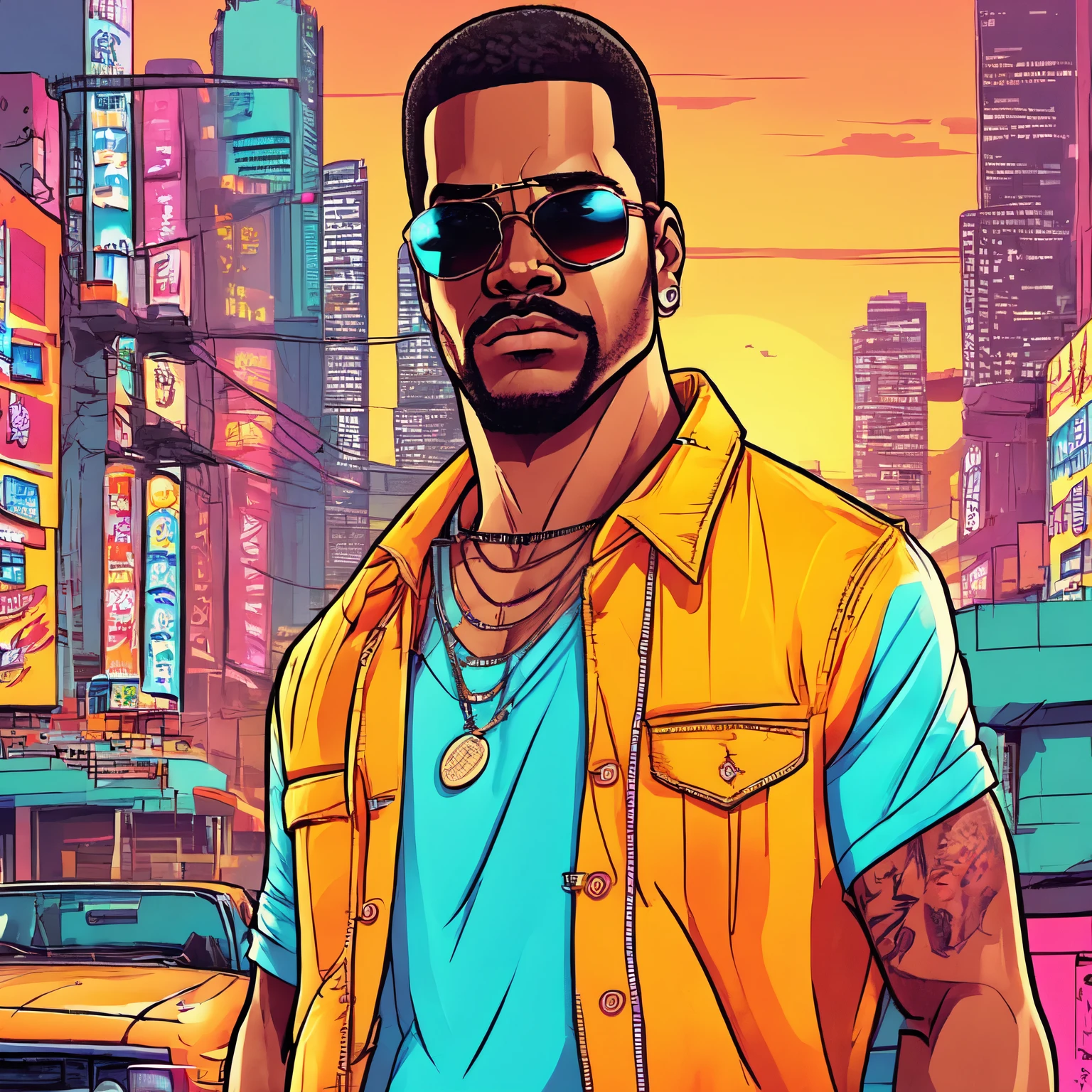 1 man ,GTA-style artwork ,(young people:1.5),Illustration, digital art, (GTA style:1.5),Art style of GTA, Art GTA bright colors, (cartoon style:1.2),(hyperdetail:1.15), glamorous style, best quality, holistic, high detail, serious,against a large night metropolis, ((neon lighting)), ((Cyberpunk)),soft light,satirical,exaggerated,pop artstyle,vibrant colors,iconic characters,action-packed,((The background is an orange red city:1)),sun, coconut trees