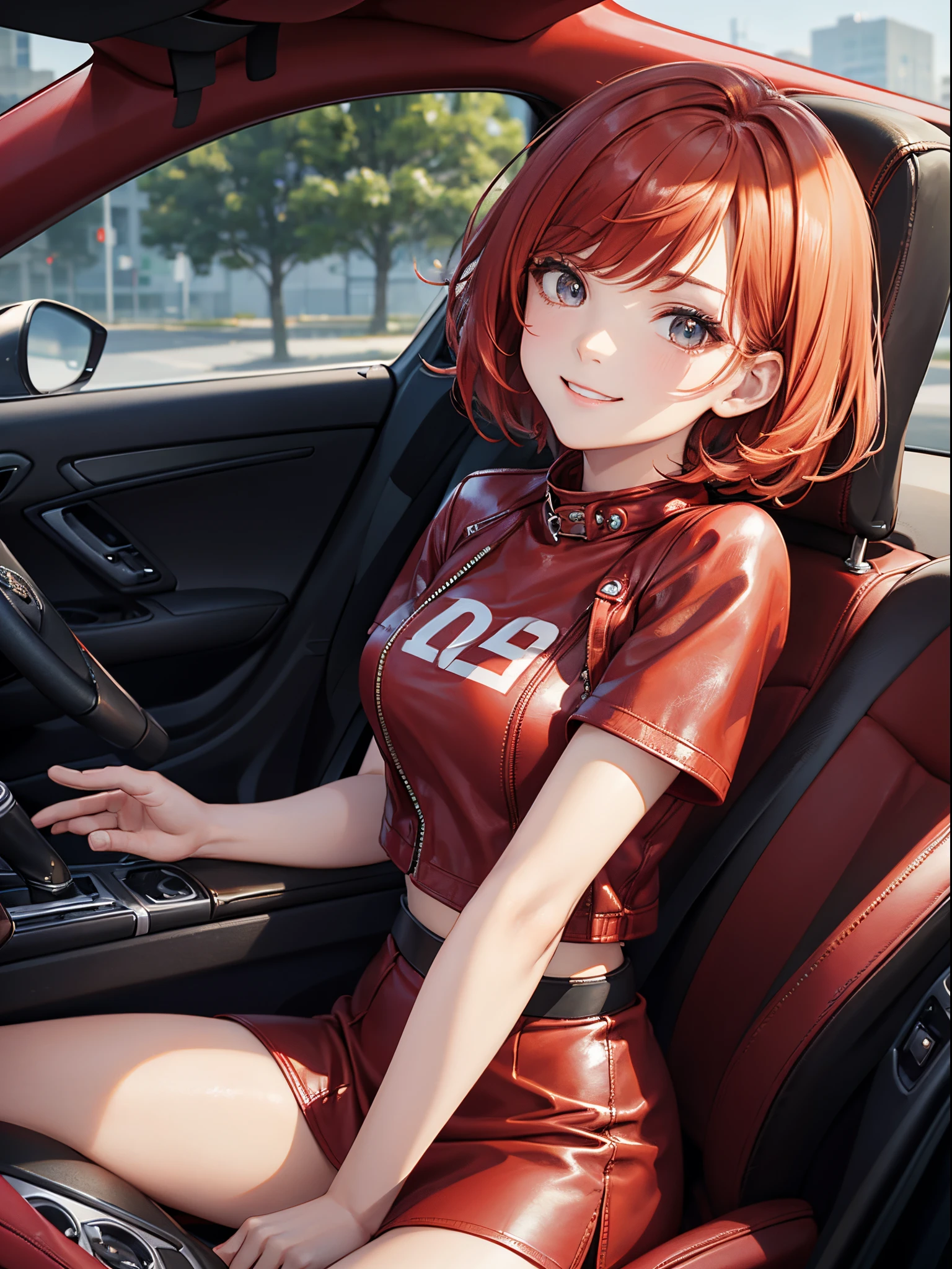 master piece,best quality, Solo lady,24 year old, beautiful eyes,cute, sitting, red leather jacket, T-shirt, red color tight skirt, shy smile, gold color hair, short hair, flipped hair, waving in a strong wind hair, driving a red sports car
