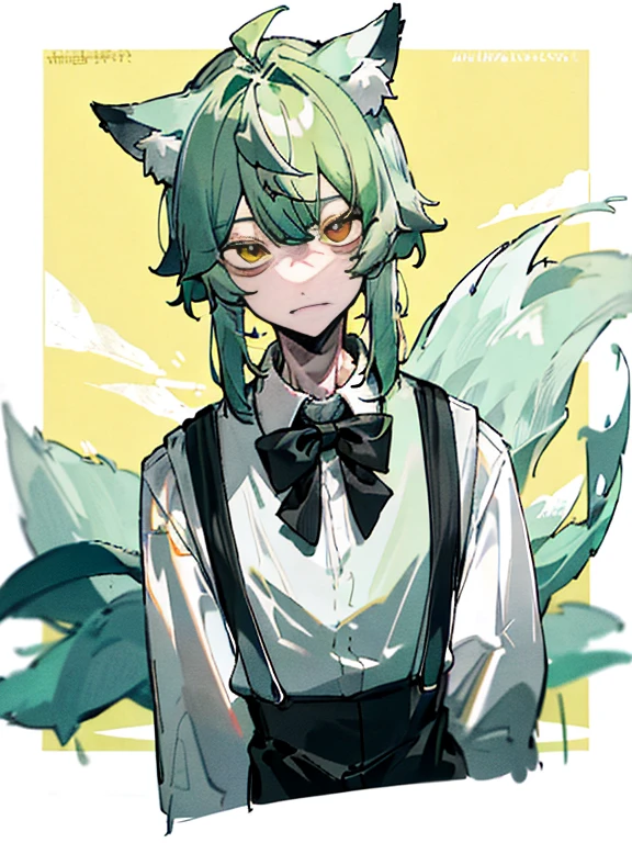 （tmasterpiece：1.2），（beste-Qualit：1.2)， white  shirt， Black skinny suspenders，light green hair， Mullet head， Yellow eyes， wolf ears，wolf tail， Without expressiveness，Orthofacial，the pose，I look at the viewer with my eyes closed，detailed skin，reference sheet，K HD，tmasterpiece，superdetail， (beste-Qualit， hight resolution)，Ultra high pixel，Ultra-clear，12)，CGMokadon Pop ----Niji 5