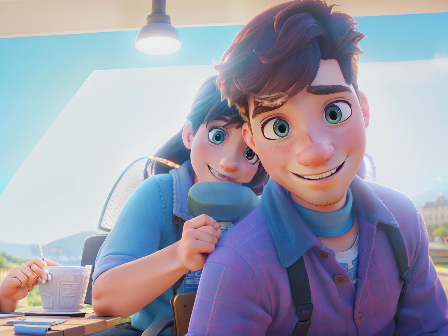 Man and woman sitting, smiling, a young couple, in a bright place, behind a lamppost,
(best quality, 4k, 8k, highres, masterpiece:1.2), ultra-detailed, (realistic, photorealistic, photo-realistic:1.37),
illustration, vivid colors, portraits, natural lighting, warm tones.