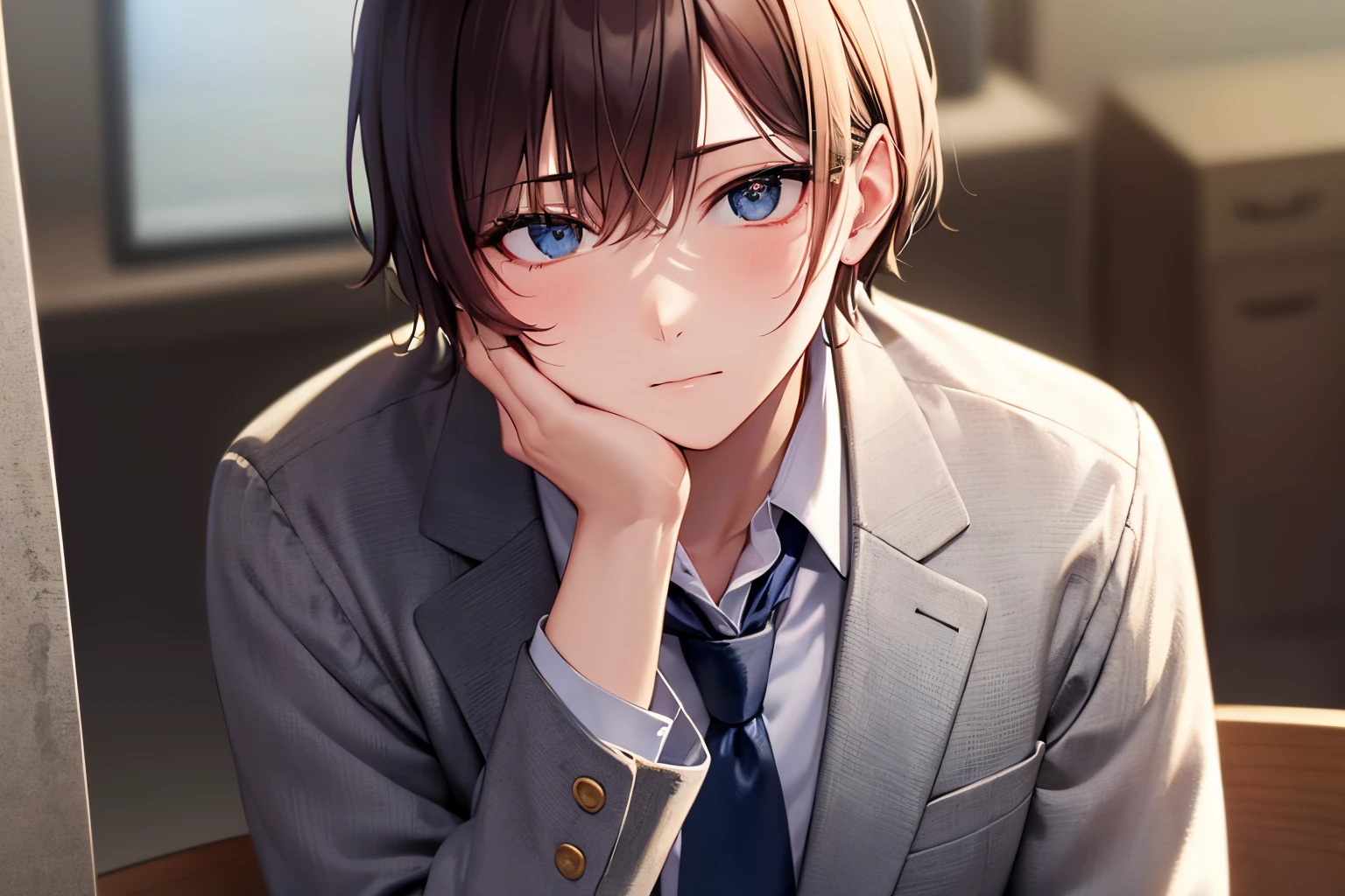 masterpiece、hightquality、25 year old man with short brown hair and blue eyes、Wearing a gray suit、Wearing a blue tie、(hands up, elbows on table, face palm:1.2), (looking away:1.4)、(Alone:1.5)、(deadpan:1.1)、(Close-up of your face:1.3)、(Only the upper body is shown.:1.3)、Sitting in front of a computer、The background is office、Bold composition、