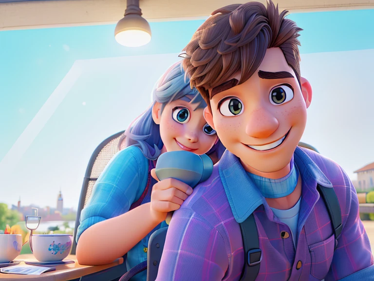 Man and woman sitting, smiling, a young couple, in a bright place, behind a lamppost, 
(best quality, 4k, 8k, highres, masterpiece:1.2), ultra-detailed, (realistic, photorealistic, photo-realistic:1.37),
illustration, vivid colors, portraits, natural lighting, warm tones.