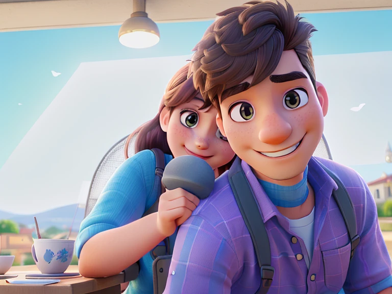 Man and woman sitting, smiling, a young couple, in a bright place, behind a lamppost, 
(best quality, 4k, 8k, highres, masterpiece:1.2), ultra-detailed, (realistic, photorealistic, photo-realistic:1.37),
illustration, vivid colors, portraits, natural lighting, warm tones.