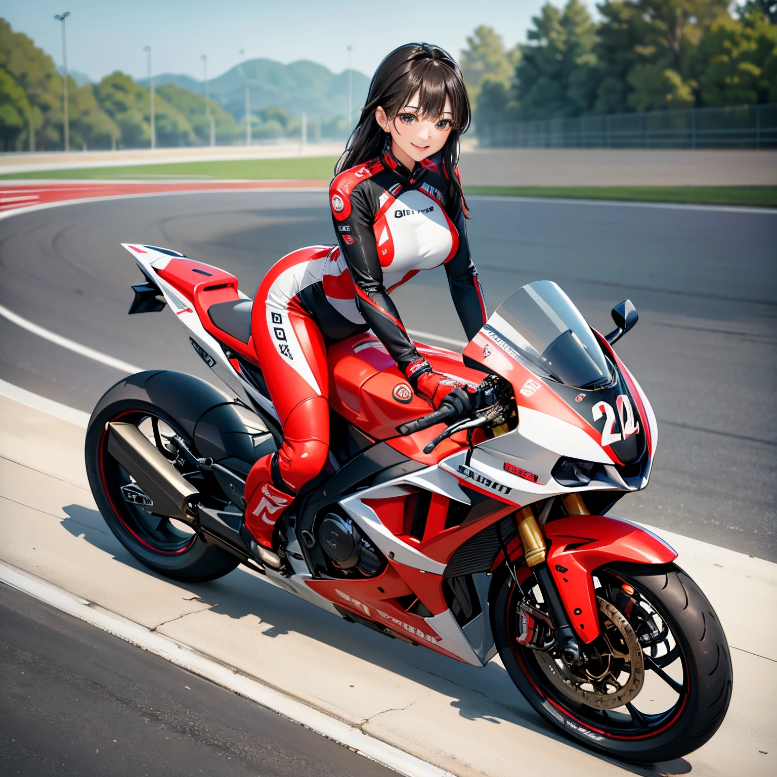 超A high resolution、An ultra-high picture quality、8K、Wonderful expression with attention to detail、1 person woman、Tall slender woman、Woman riding Honda RC211V race bike、Wear a racing suit、A big smile full of cuteness、Circuit scenery、