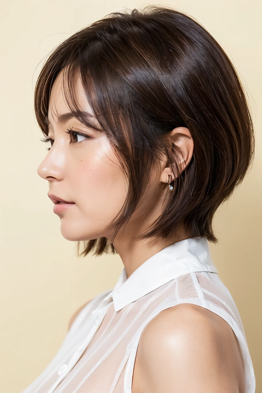 profile、((50 years old))、(A MILF)、(don't watch the viewer)、Dark brown hair、(layered very short hair)、(nasolabial folds、wrinkled)、Thick makeup、(upper body)、White Button Shirt、((white backgrounid))、Top image quality、hight resolution、​masterpiece、ultra-detailliert