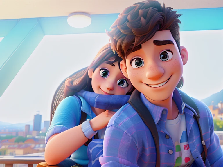 Man and woman sitting, smiling, a young couple, in a bright place, behind a lamppost,
(best quality, 4k, 8k, highres, masterpiece:1.2), ultra-detailed, (realistic, photorealistic, photo-realistic:1.37),
illustration, vivid colors, portraits, natural lighting, warm tones.