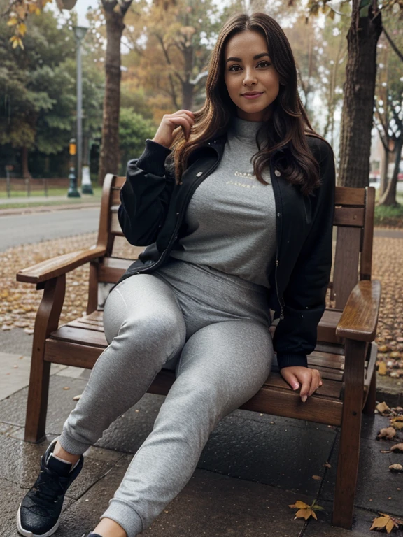 middle-aged ,big fake tits, slim waist, Thick legs, shiny yoga pants, socks, shoes, pullover , jacket, park, chair, autumn, forest , detailed brown eyes, detailed long hair, detailed face, detailed body, detailed edges, best quality, best ISO, best light, best lens, same face diffrent poses, smile, full body photo, cold weather dressed, rain, umbrella, standing, arabic,
