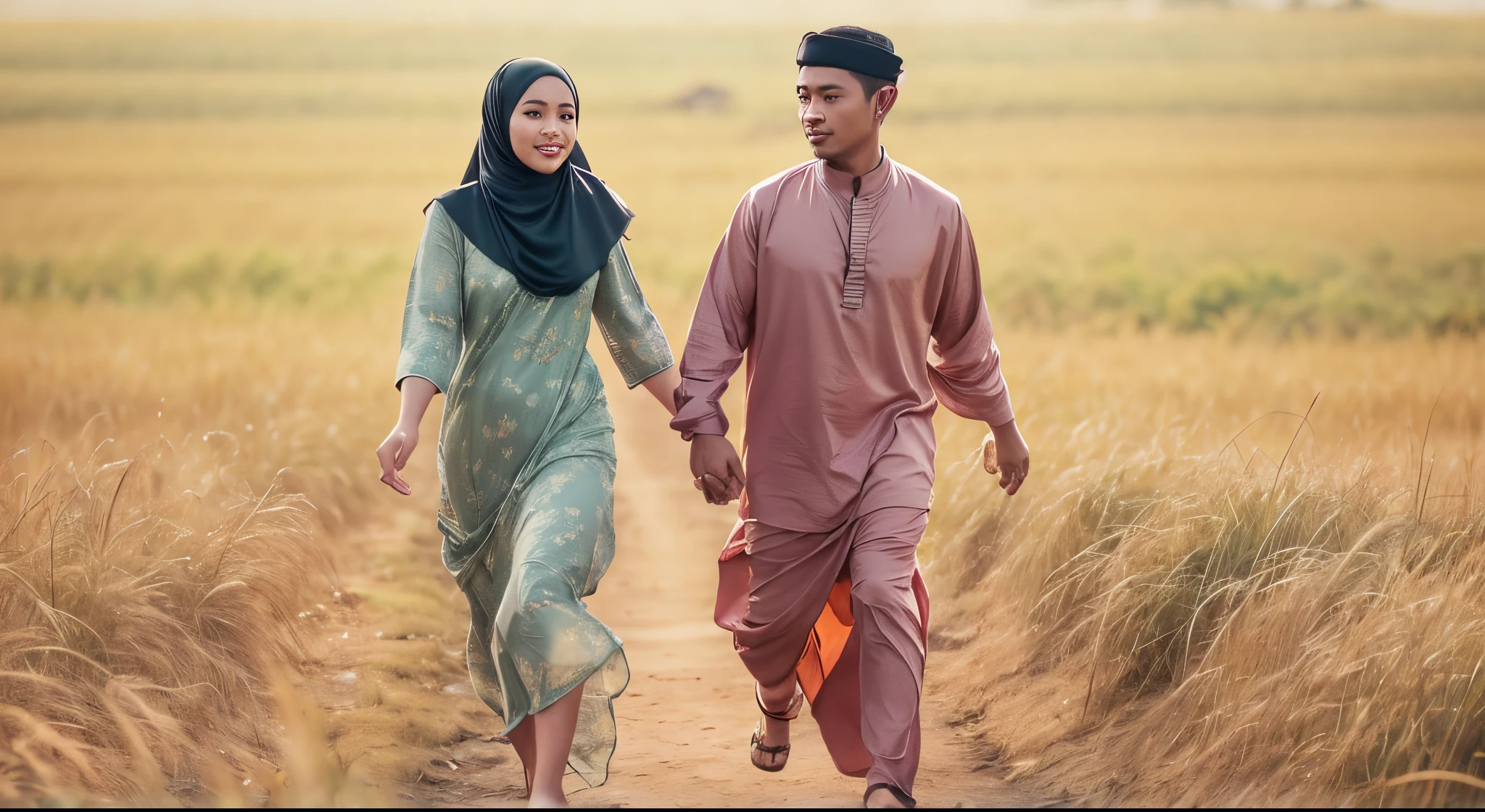 A handsome malay man chasing a malay woman in hijab and green pastel Baju Kurung, background of paddy fields in malay village, front angle, Super 8mm lense, wide shot, full body, High Contrast cinematography effect, Natural Lighting, Desaturate color grading, high quality, ultra detail, 8k resolution,
