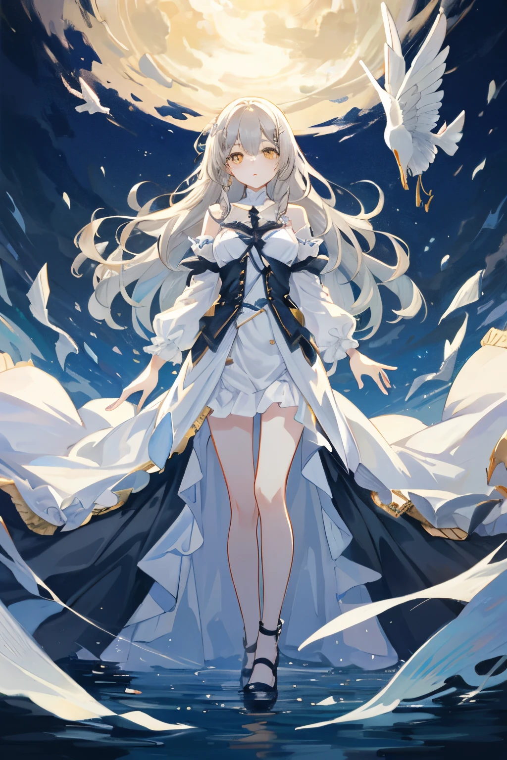 Very delicate and beautiful CG illustration、top-quality、hight resolution、dynamic ungle、full-length shot、(1girl)、yellow eyes and straight long gray hair,、float、Soft light、high key lighting),Beautie,Clear eyes,Beautiful fece