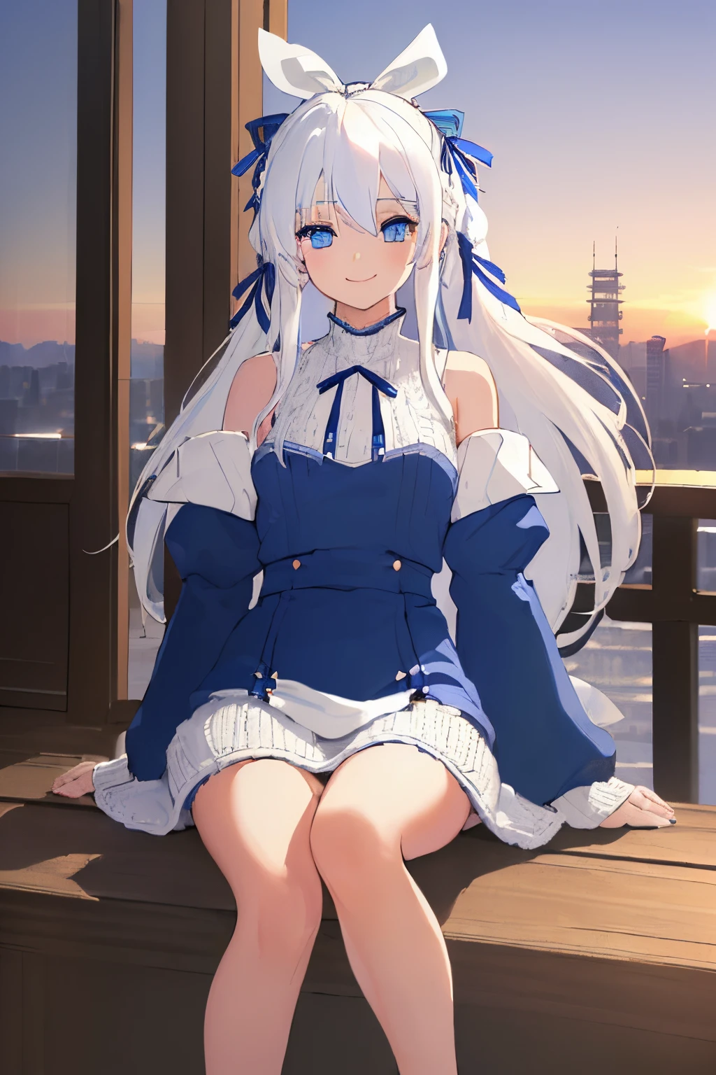 ((Masterpiece), (Best Quality)) (super detailed), ((((solo)))), fullbody, ((((white hair)))), long hair, ((((blue hairribbon)))), ((((blue eyes)))), smile, 18yo, Cold-Shoulder Sleeves, (((knit))),  Hip Length, mini skirt, sleeves_past_wrists, sunset, cafe, in the tokyo, winter