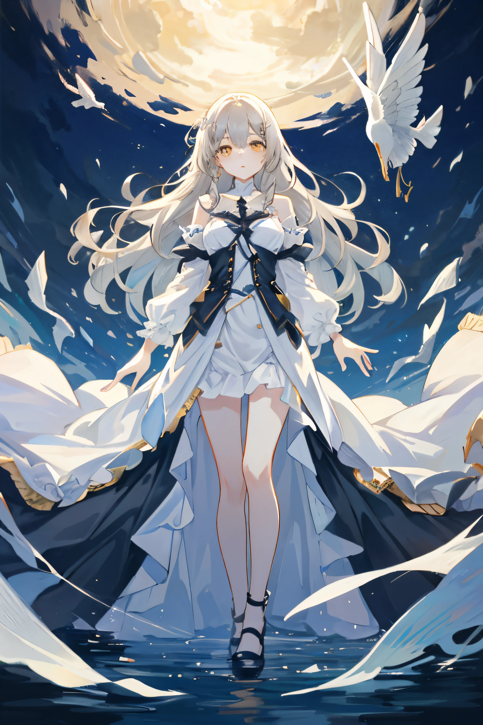 Very delicate and beautiful CG illustration、top-quality、hight resolution、dynamic ungle、full-length shot、(1girl in)、yellow eyes and straight long gray hair,,、float、Soft light、high key lighting),Beautie,Clear eyes,Beautiful fece