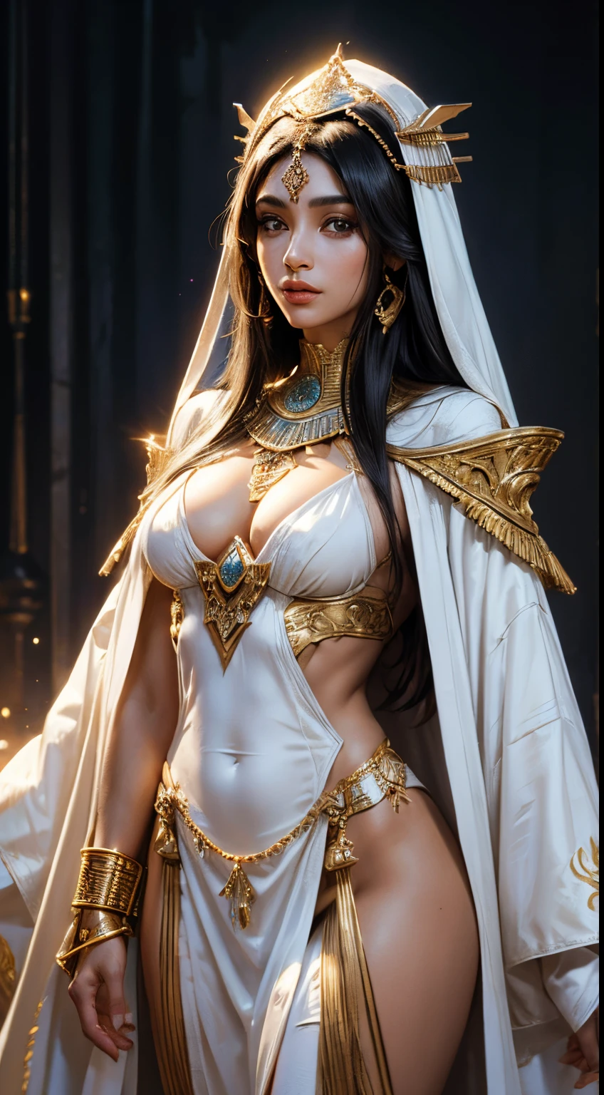 Exotic Egyptian girl, white long robe, Osiris priestess costume, intricate white long robe, long hair, cleavage, toned body, toned abs, Masterpiece, ultra HD, raw photo, two color lights, realistic, detailed face, intricate headpiece, detailed skin texture, realistic, smaller head, dynamic poses, cowboy shot, blurred background, front light
