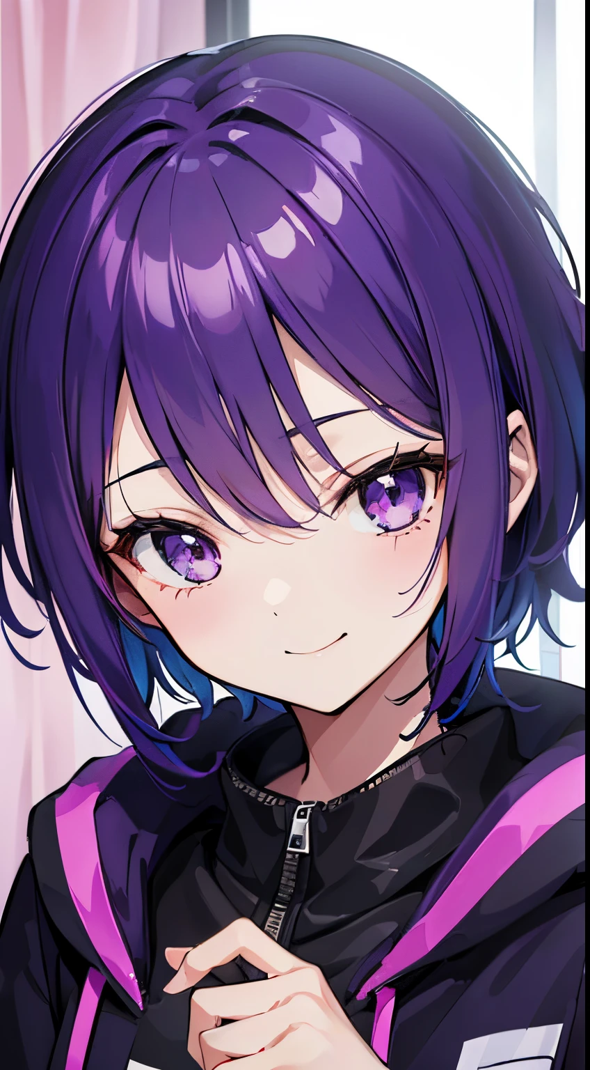 (tmasterpiece,4k wallpaper,best qualtiy))、((girl with1a person))、(独奏)、Brilliant,(Purple hair)、short-cut、close up of face、a smile、a room、natta、parka