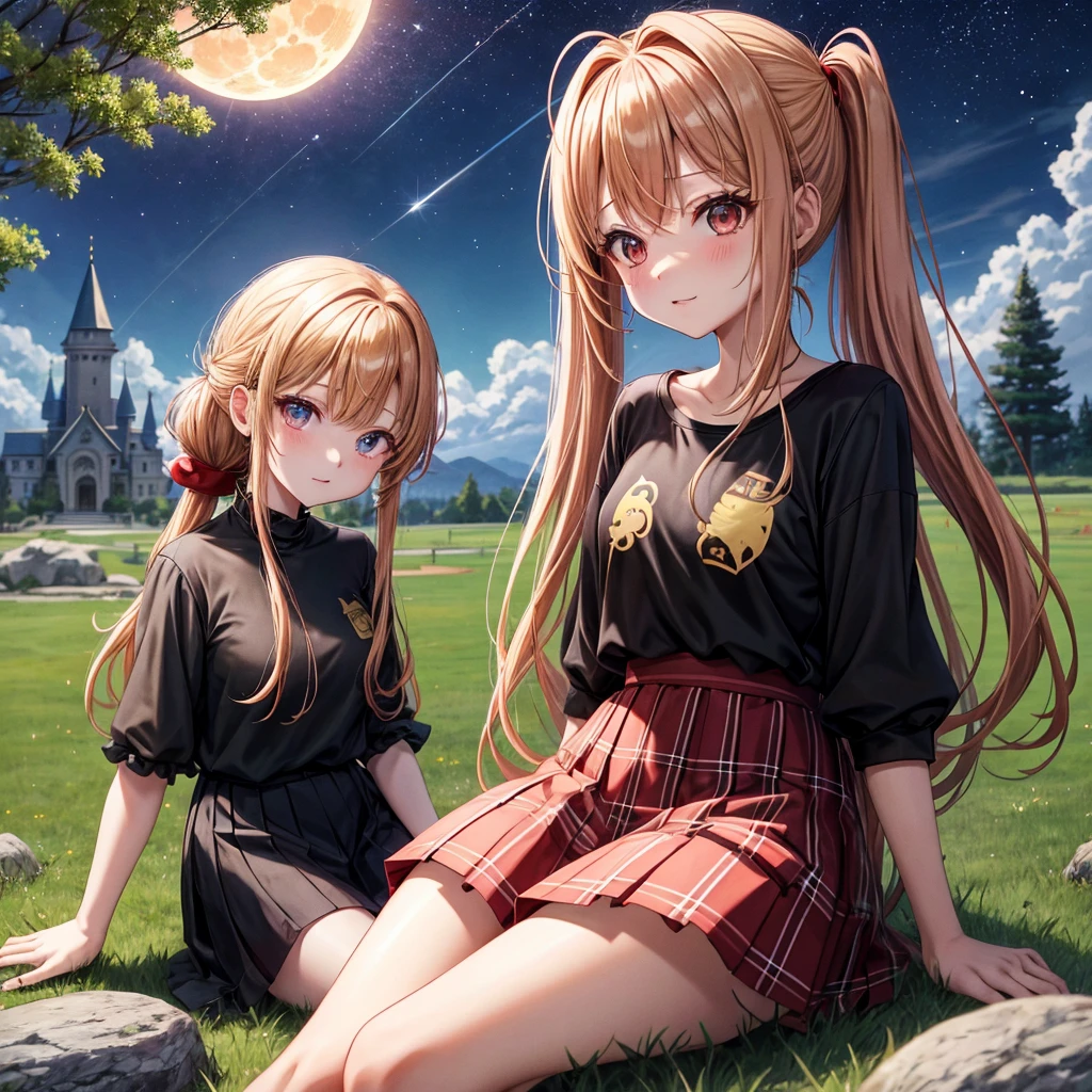 Red-blonde、poneyTail、verd s eyes、one good looking girl、独奏、animesque、lightly dressed、Plaid miniskirt、a black T-shirt、grass field、sitting on、stone pavement、fullmoon、candle fire、Meteor swarm、starrysky、are flying、golden castle