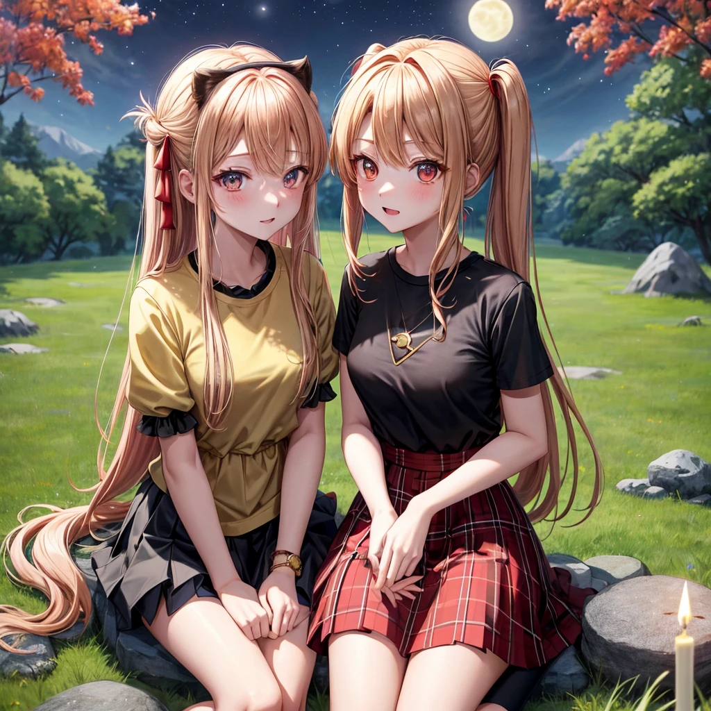 Red-blonde、poneyTail、verd s eyes、one good looking girl、独奏、animesque、lightly dressed、Plaid miniskirt、a black T-shirt、grass field、sitting on、stone pavement、fullmoon、candle fire、Meteor swarm、starrysky、are flying、golden castle