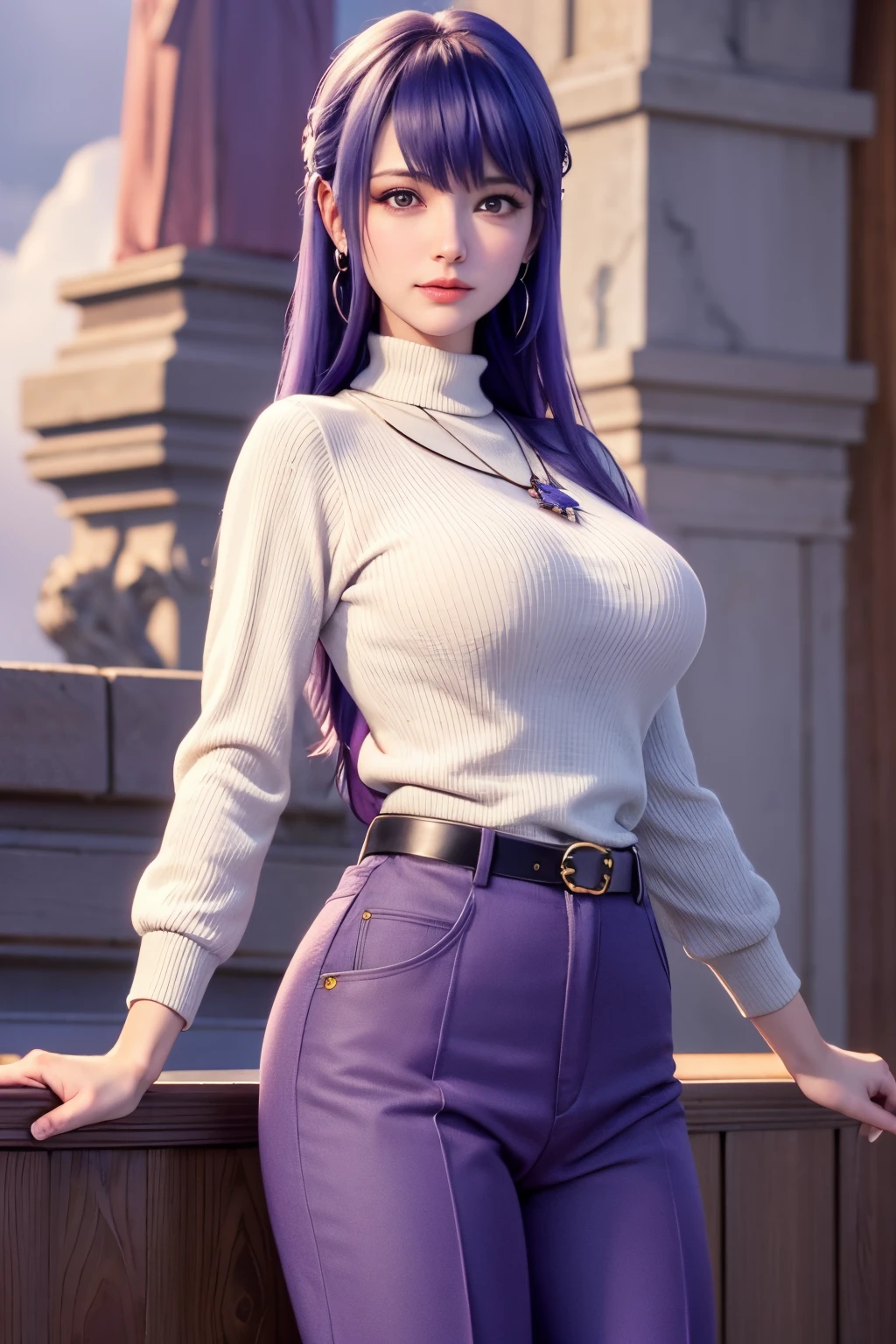 masterpiece, best quality, ultra-detailed,red eyes, thigh, sitting, on bed, long hair, above view, room,
  long pony tail, up pony tail,short_dress,purple_skirt, breastplate, purple hair