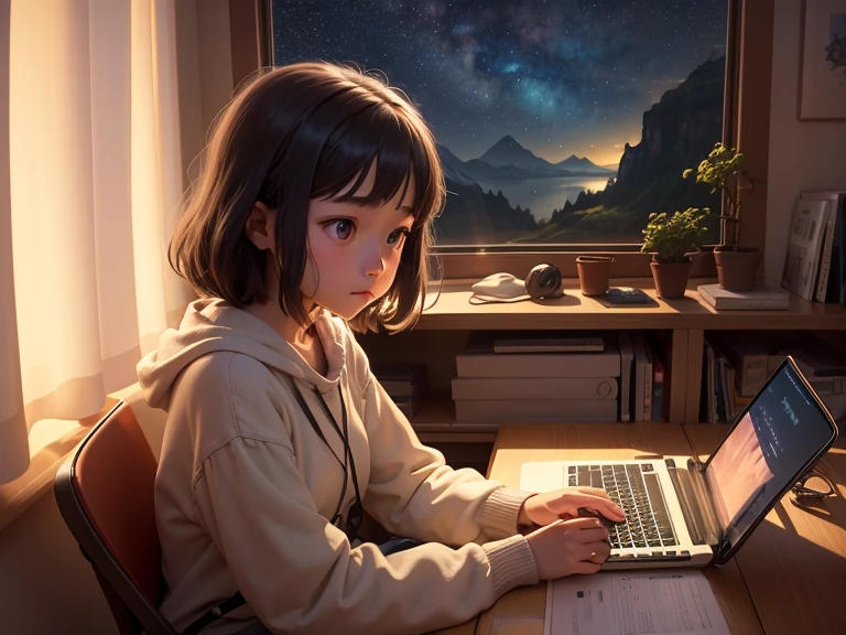 In the quiet of her room, a girl sits at her desk, her laptop open in front of her. The screen filled with a digital canvas, and with each click of her mouse, she brings to life a stunning Studio Ghibli-inspired landscape. The night sky outside her window serves as the perfect backdrop for her artistic visions to come to life.