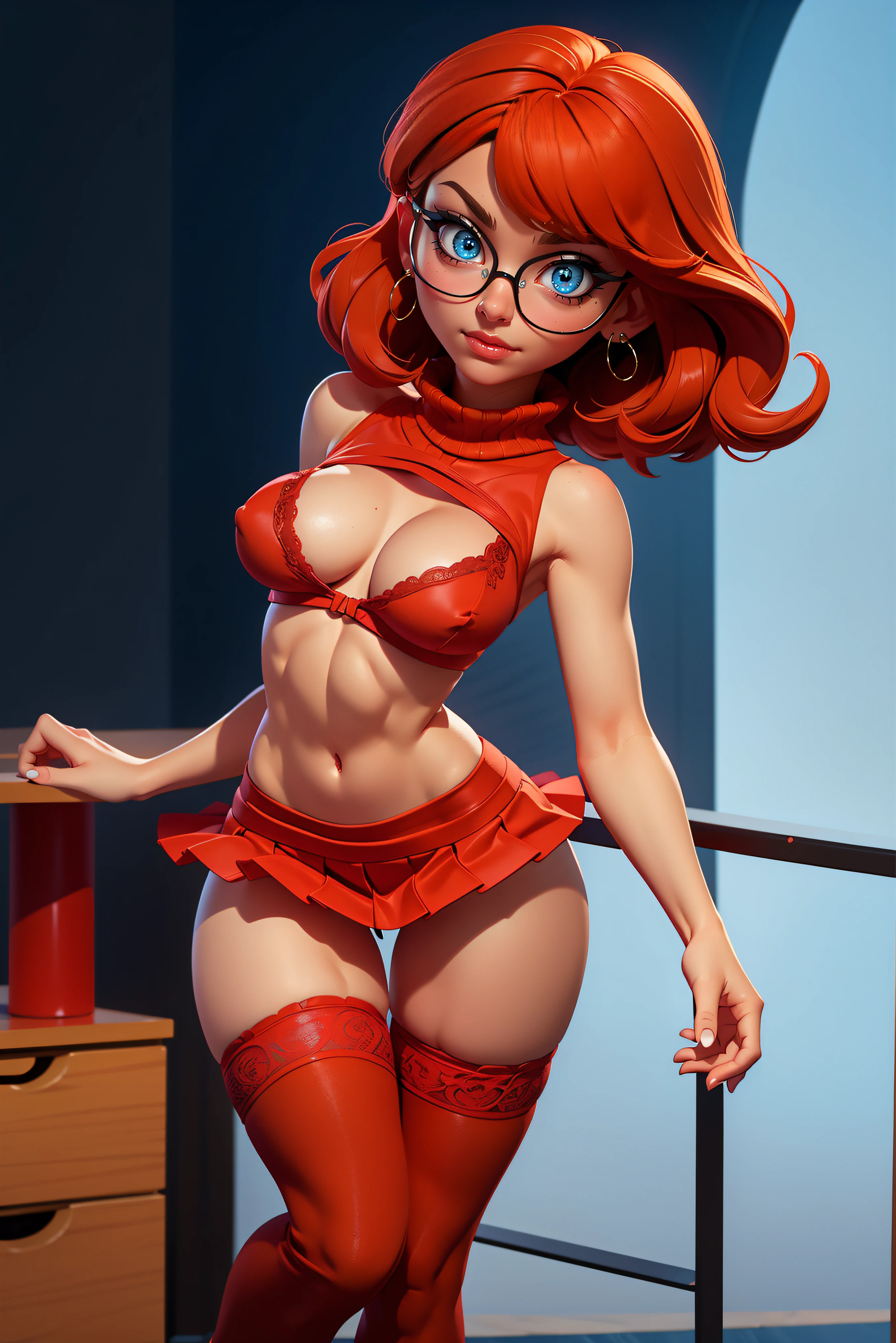 masterpiece, high res, 4k, ((large round black rimmed glasses)), orange jumper, red cloth mini pleated skirt, (black thigh high socks), red high heel shoes, short brown hair, blue eyes, medium breasts, cute face, rose cheeks, freckles on face, perfect legs, perfect arms, , thin waist, small body, jumper lifted up showing black lace bra, cleavage, lean abs, sexy pose, sexy body