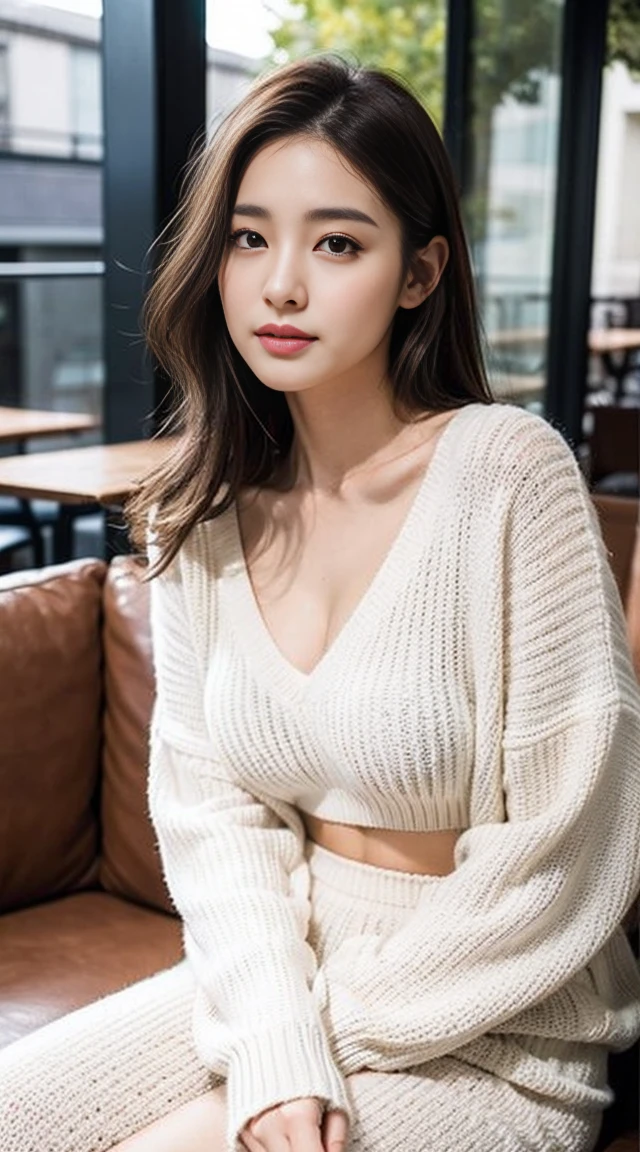 dark brown hair、Light brown eyes、The face of the Japan actress、 Lady、looks like him'i'i'i'i'I'm about 40 years old、(intricate-detail:1.2)、(top-quality:1.4)、 (超A high resolution:1.2)、超A high resolution、(A detailed eye)、(detailed facial features)、nffsw、8K resolution、D-cup size breasts、length hair、i'i'i'I'm sitting comfortably on a sofa on the quiet terrace of a cafe..、Relaxing、Leaning on the backrest、White the　2 Piece Outfit V Neck Fluffy Sweater Wide Leg Sweatsuit Knitted Lounge Set Leisure Wear, croptop,