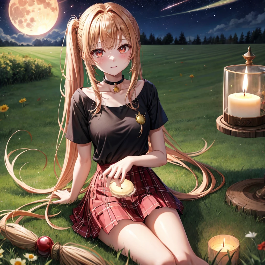 Red-blonde、poneyTail、verd s eyes、one good looking girl、独奏、animesque、lightly dressed、Plaid miniskirt、a black T-shirt、grass field、sitting on、fullmoon、candle fire、Meteor swarm、starrysky、are flying、golden castle