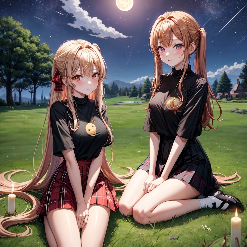 Red-blonde、poneyTail、verd s eyes、one good looking girl、独奏、animesque、lightly dressed、Plaid miniskirt、a black T-shirt、grass field、sitting on、fullmoon、candle fire、Meteor swarm、starrysky、are flying、golden castle