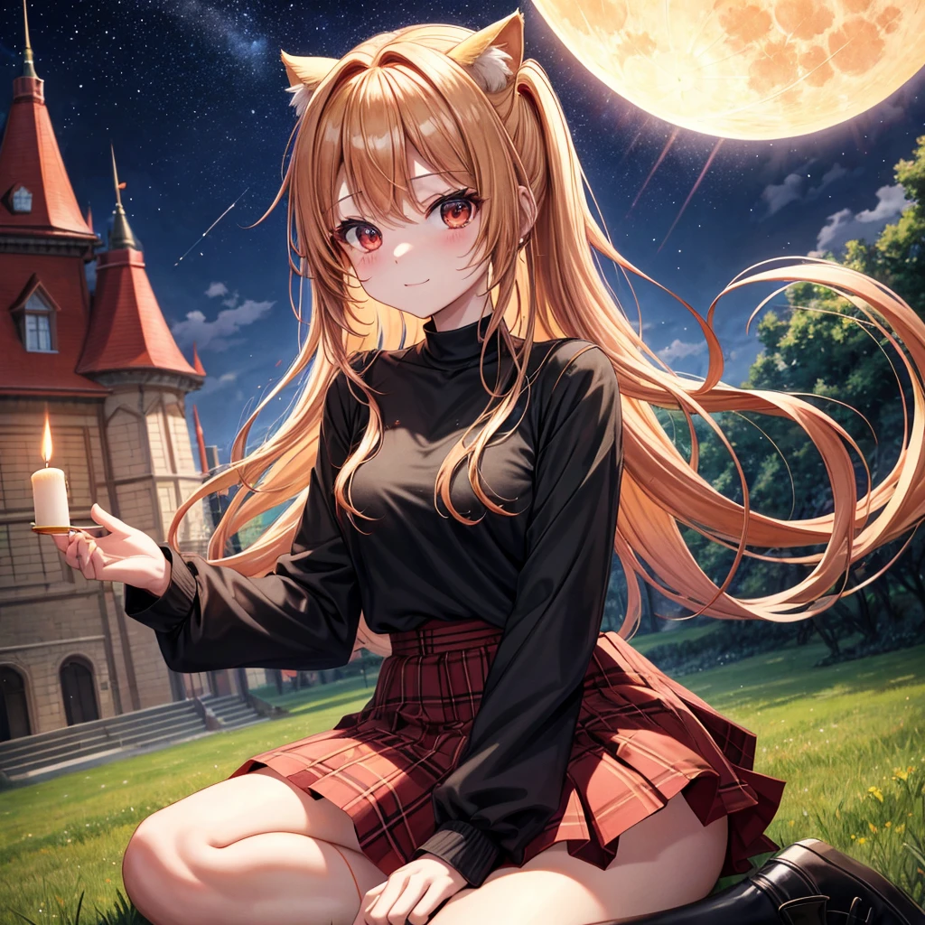 Red-blonde、poneyTail、verd s eyes、one good looking girl、独奏、animesque、lightly dressed、Plaid miniskirt、a black T-shirt、grass field、sitting on、fullmoon、candle fire、Meteor swarm、starrysky、are flying、golden castle