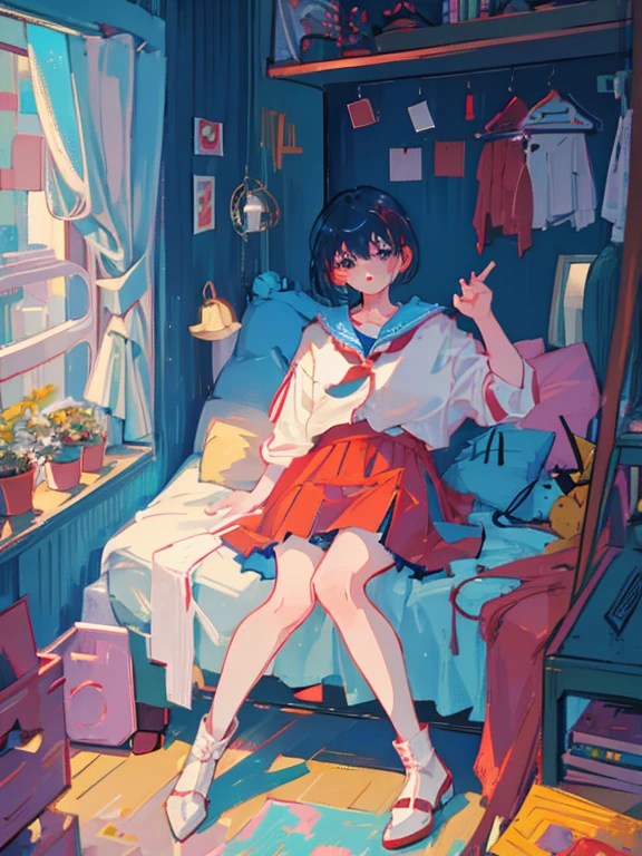 1girl, Short blue hair, red eyes, wear a white Japanese uniform, red skirt with checkerboard texture, leather high heels and boots, black stockings, she runs out of her room in despair, it's on the right side of the screen, she ruined, High viewing angle, she is trying to put on her shoes, without seeing, in the background we see her room, there is a bed there, the computer turned on, window behind the computer and cabinet, cat above the bed, it's sleeping, show almost the whole body, she looks worried(countenance), she has toast in her mouth, Oil pastel painting,she's near the door, absurdress, hight resolution, Ultra-spicy, 8K, Masterpiece, Total information, Artstation, sun rising, overhead view, good composition, looking a viewer, creepy, horror
