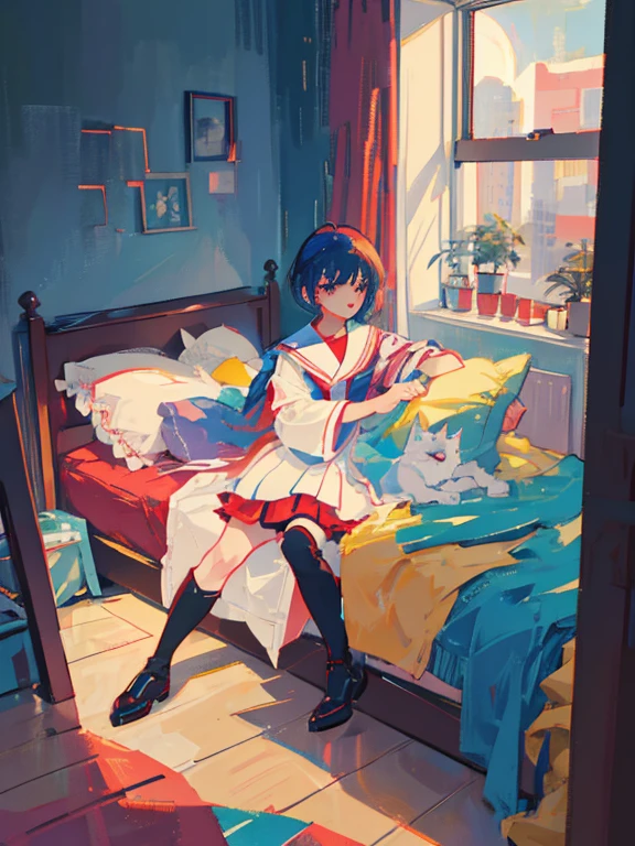 1girl, Short blue hair, red eyes, wear a white Japanese uniform, red skirt with checkerboard texture, leather high heels and boots, black stockings, she runs out of her room in despair, it's on the right side of the screen, she ruined, High viewing angle, she is trying to put on her shoes, without seeing, in the background we see her room, there is a bed there, the computer turned on, window behind the computer and cabinet, cat above the bed, it's sleeping, show almost the whole body, she looks worried(countenance), she has toast in her mouth, Oil pastel painting,she's near the door, absurdress, hight resolution, Ultra-spicy, 8K, Masterpiece, Total information, Artstation, sun rising, overhead view, good composition, looking a viewer, creepy, horror