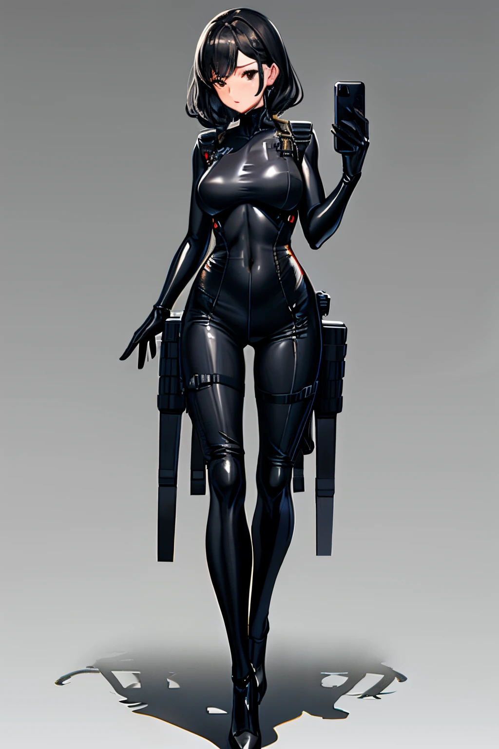 araffe wearing a black bodysuit and cargo pants taking a selfie, cute girl wearing tank suit, see through, kaki body suit, thin bodysuit, see - through, intriguing outfit, very sexy outfit, tight outfit, bodysuit, sexy look, full body length, tight attire, wearing cargo pants, wearing a black bodysuit