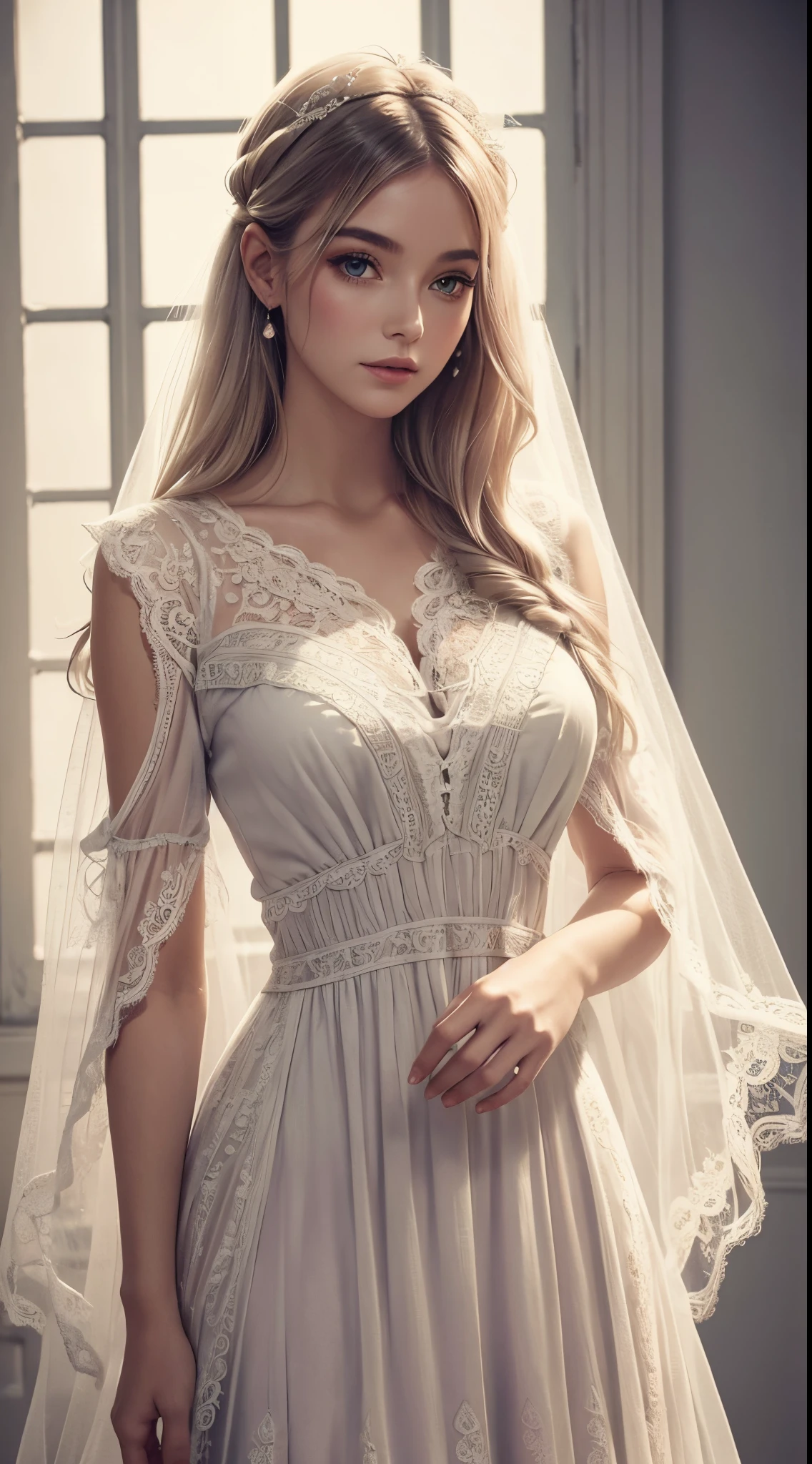 (dusty corners, eye-catching, beautiful dress, vintage, delicate lace, intricate details, flowing fabric, feminine, ethereal, pastel colors, soft lighting)