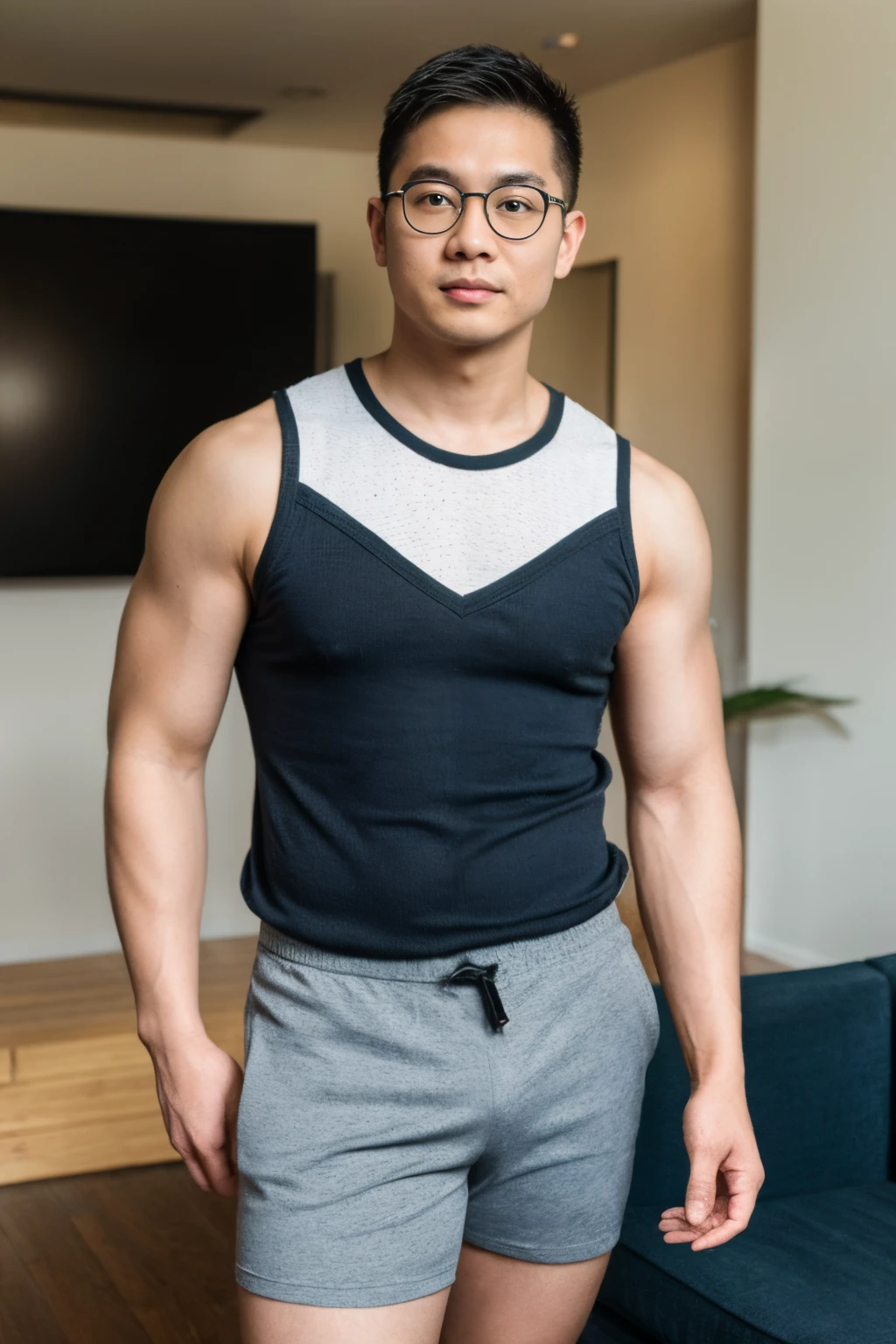 Andrew thomas huang, oval face, eyeglasses, neat muscular, sleeveless shirt, short shorts, posing, living room