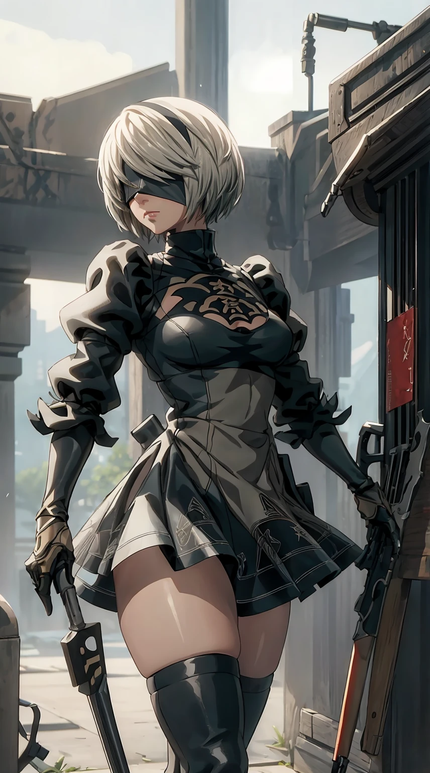 (2B,NieR:Automata),blindfold,have a weapon,best quality, high quality, 8K, masterpiece