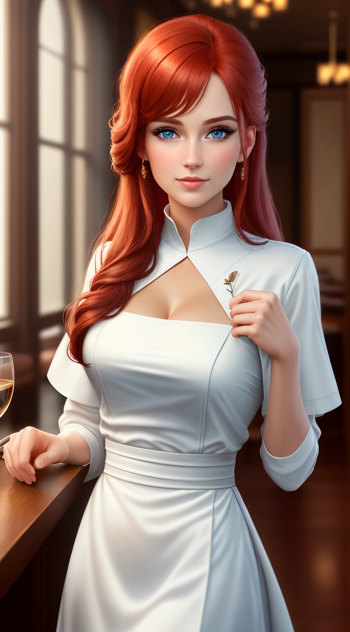 Masterpice, Ultra realistic,4k resolution, Ultra Detailed CG illustration of a ultra beautiful waitress serving in a fancy restaurant. Ultra blue eyes, ultra perfect body, ultra beautiful face, ultra soft red hair, Her outfiegant and her demeanor  professional. The background features a beautifully lit interior of the restaurant with soft, warm tones and a few discrete, unobtrusive decorative elements. The prompt incorporates elements of class and sophistication while maintaining a friendly and inviting atmosphere.