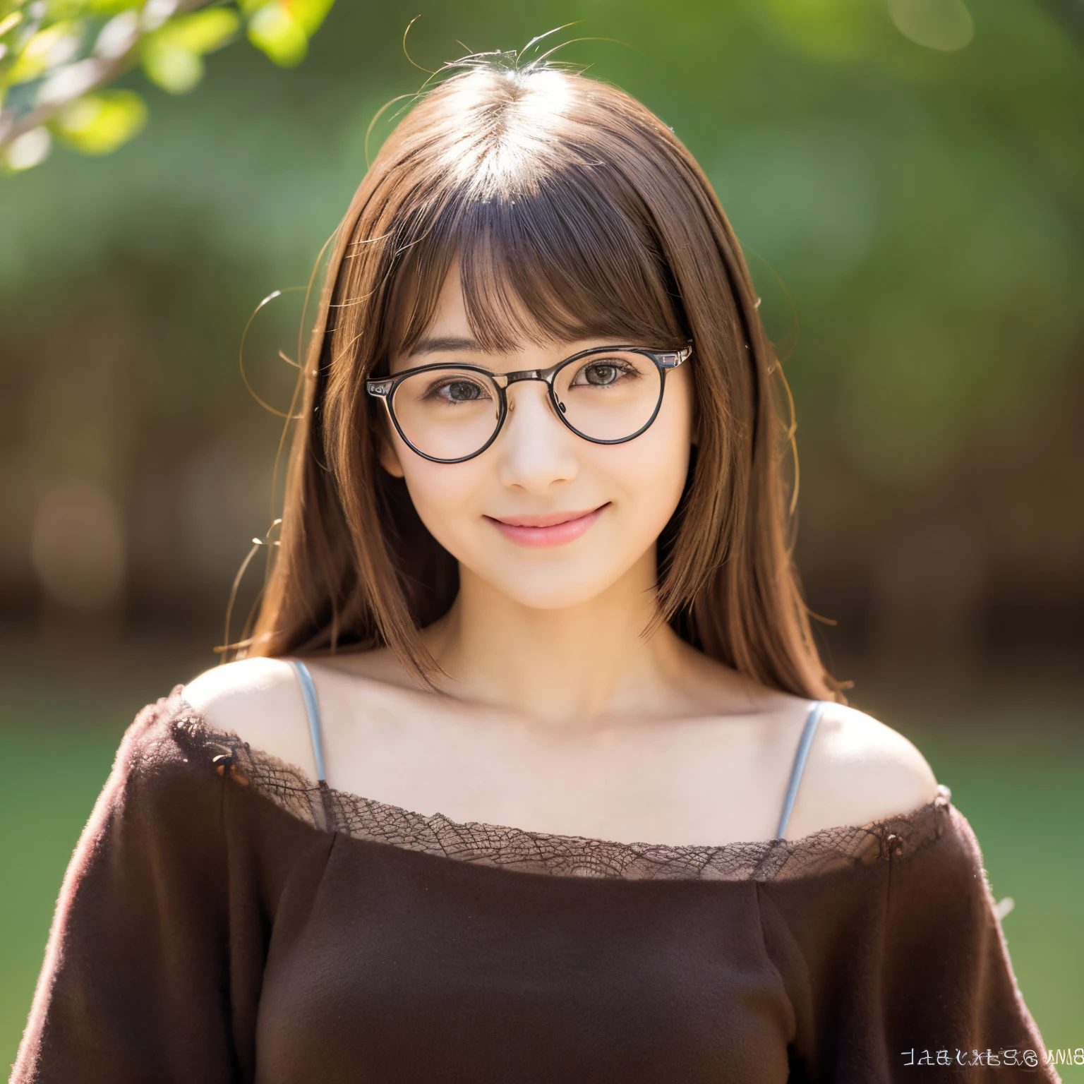 Beautiful black eyes、dual、natural skin textures:1.8, realistic eyes and face details:1.7、middlebreasts、in 8K,Best Quality:1.4, 超A high resolution:1.5, (Photorealistic:1.4),​masterpiece:1.2,(top-quality:1.4)、 Raw photo、 (the background is blurred), Girl in 1, Cute, (Solo:1.4), (Shy smile), 、 (Brown medium hair,Bangs),nogizaka,Beautiful body, Full body background、cute  face、Realism、real looking skin、eye glasses
