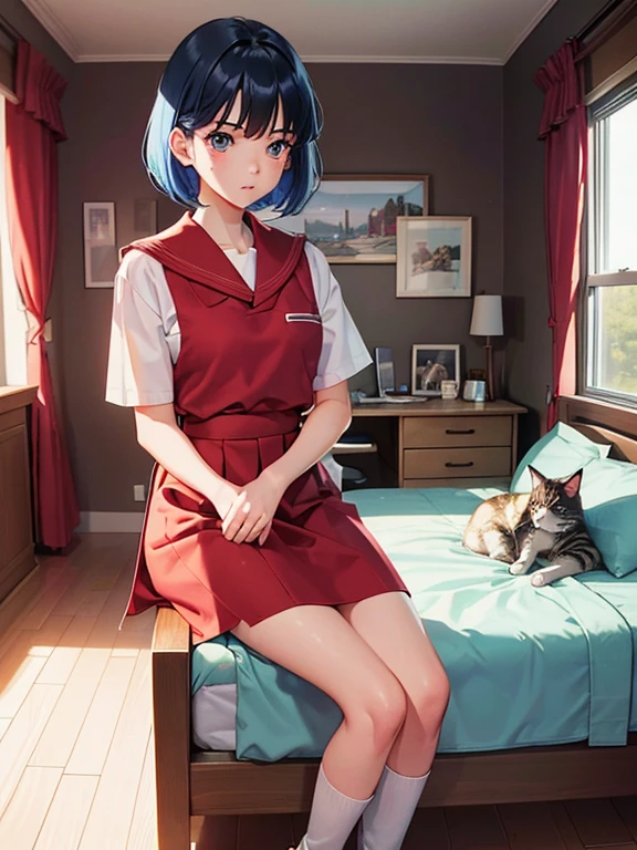 1girl, Short blue hair, red eyes, wear a white Japanese uniform, red skirt with checkerboard texture, leather high heels and boots, black stockings, she runs out of the room in despair, ito&#39;s on the right side of the screen, she ruined, High viewing angle, she is trying to put on her shoes, without seeing, in the background we see her room, there&#39;s a bed there, the computer turned on, window behind the computer and cabinet, cat over the bed, ito&#39;Sleeps, show almost the whole body, she looks worried(countenance), she has toast in her mouth, Oil pastel painting,ia&#39;it&#39;s near the door, absurdress, hight resolution, Ultra-spicy, 8K, Masterpiece, Summary information, Artstation, sun rising, Overhead view, good composition, looking a viewer,dull colors, Creepy, Horror