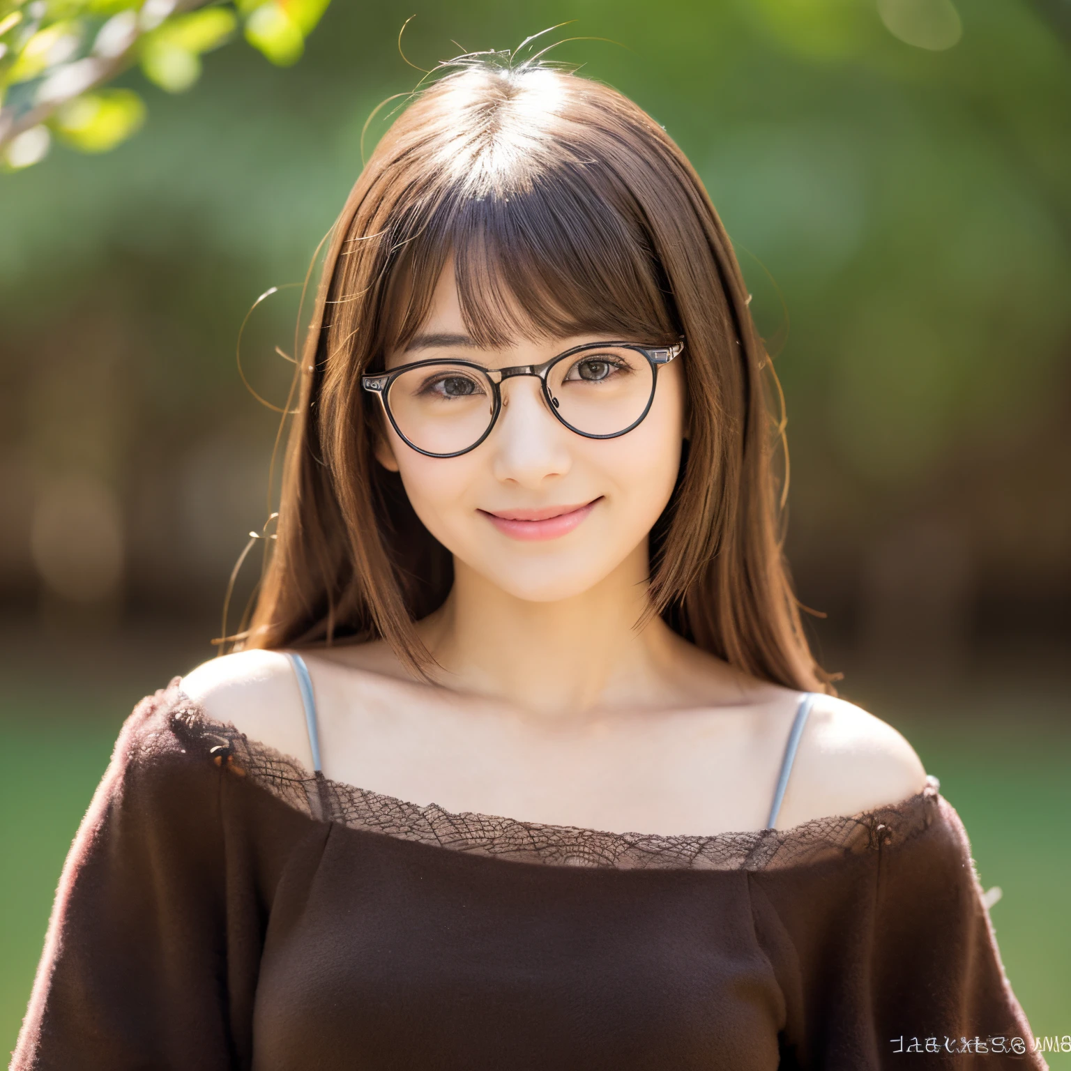 Beautiful black eyes、dual、natural skin textures:1.8, realistic eyes and face details:1.7、middlebreasts、in 8K,Best Quality:1.4, 超A high resolution:1.5, (Photorealistic:1.4),masterpiece:1.2,(top-quality:1.4)、 Raw photo、 (the background is blurred), Girl in 1, Cute, (Solo:1.4), (Shy smile), 、 (Brown medium hair,Bangs),nogizaka,Beautiful body, Full body background、cute face、Realism、real looking skin、eye glasses