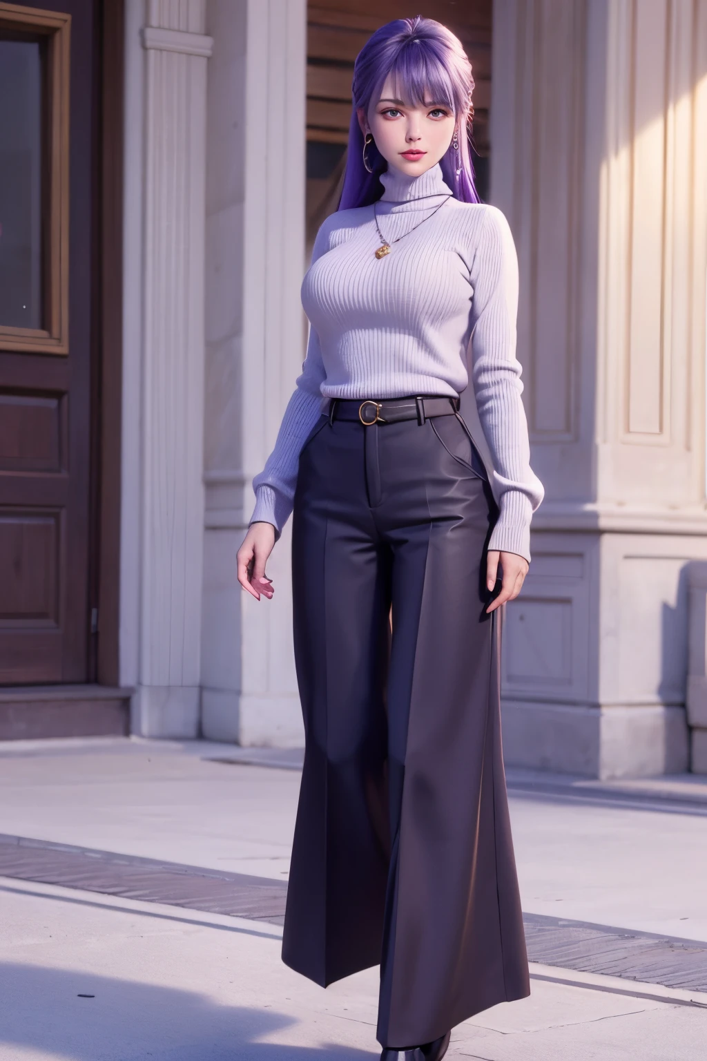 huge breast. excellent breast, masterpiece,ultra realistic,32k,extremely detailed CG unity 8k wallpaper, best quality, masterpiece,ultra realistic,32k,extremely detailed CG unity 8k wallpaper, best quality,(winter day ),lady ,necklace ,eardrop, Grand Canyon, United States, ( Orchid Pair a fitted turtleneck sweater with wide-leg pants and loafers. ) , Purple hair
