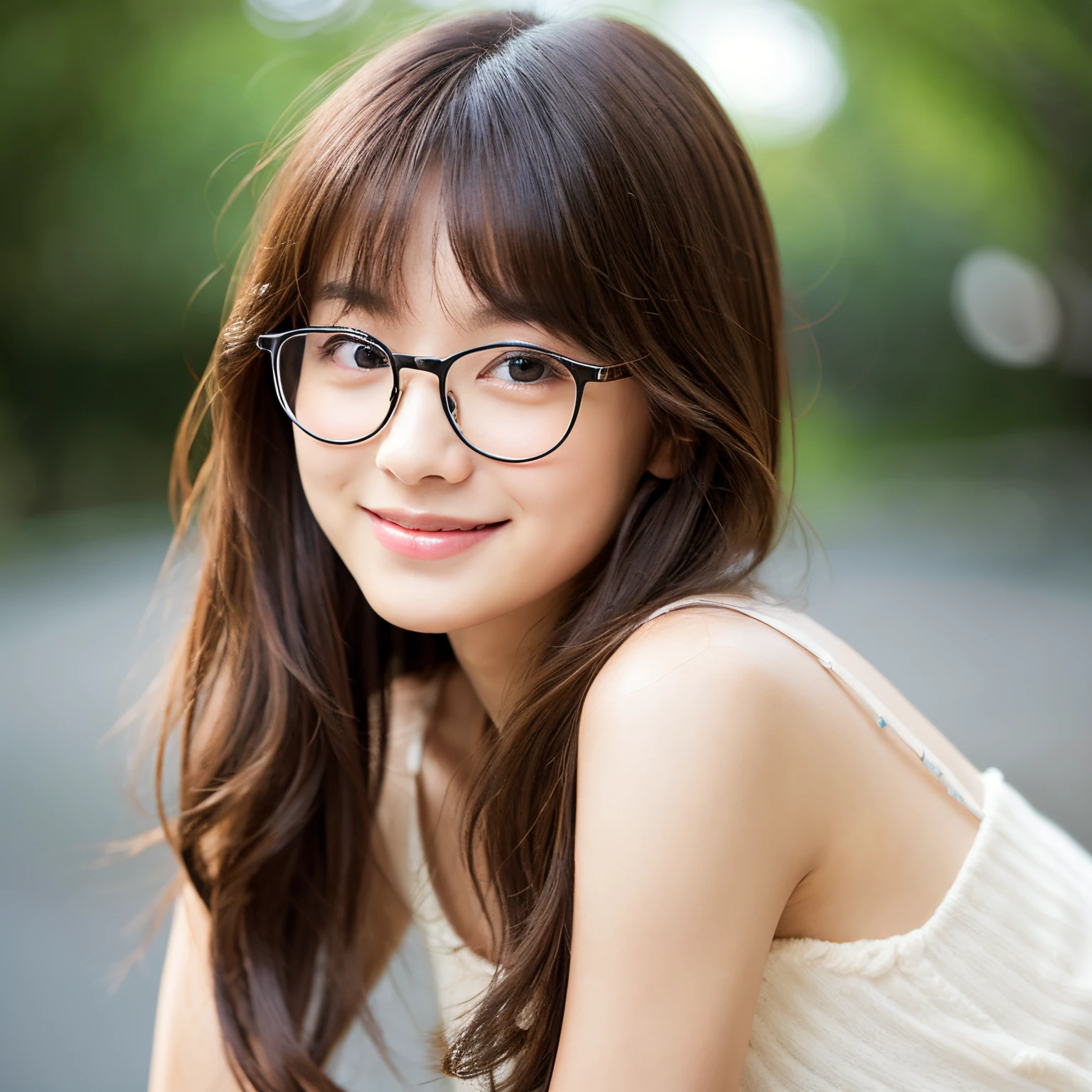 Beautiful black eyes、dual、natural skin textures:1.8, realistic eyes and face details:1.7、middlebreasts、in 8K,Best Quality:1.4, 超A high resolution:1.5, (Photorealistic:1.4),masterpiece:1.2,(top-quality:1.4)、 Raw photo、 (the background is blurred), Girl in 1, Cute, (Solo:1.4), (Shy smile), 、 (Brown medium hair,Bangs),nogizaka,Beautiful body, Full body background、cute face、Realism、real looking skin、eye glasses