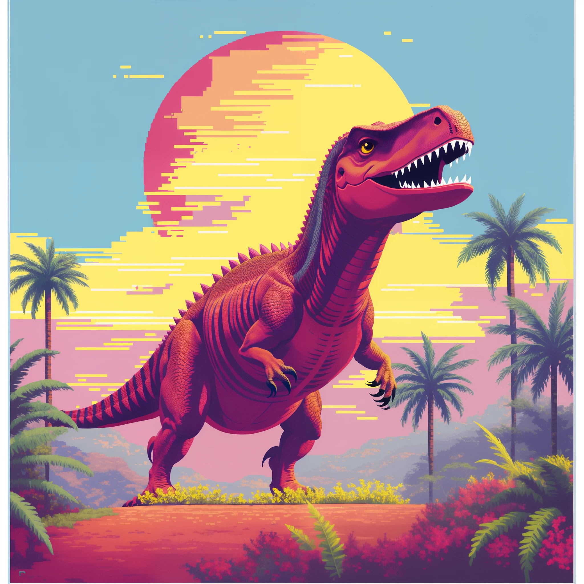 um close de um dinossauro em um campo com palmeiras, dinossauro pixel art, Dinossauro Trex, Jurassic image, arte detalhada do pixel, Jen Bartel, Tiranossauro rex, retro art, Trex, Altamente detalhado Hyper Real Retro, Dino cromado, pintura digital altamente detalhada, Epic retrowave art, estilo de arte outrun, cores altamente detalhadas, t - rex