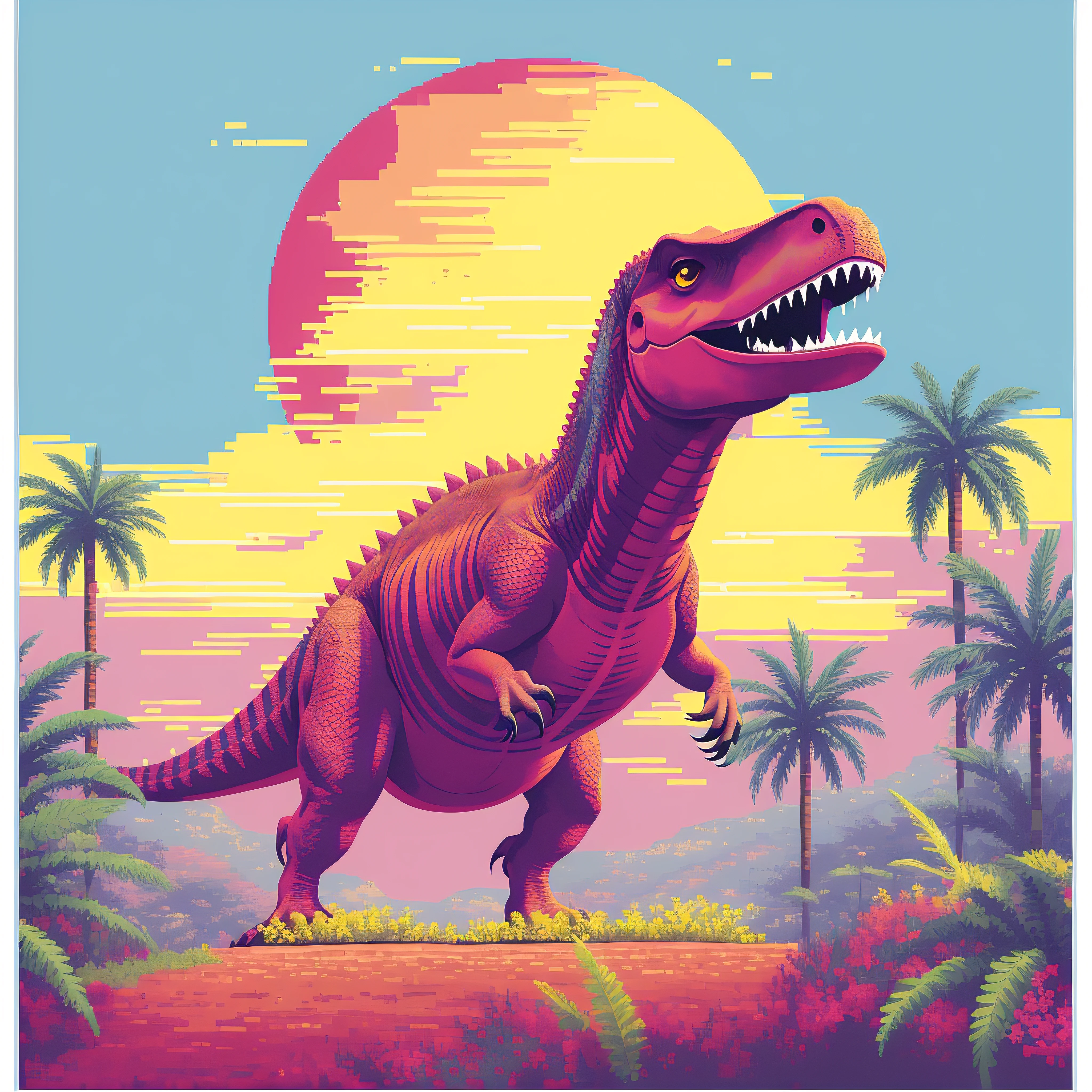 um close de um dinossauro em um campo com palmeiras, dinossauro pixel art, Dinossauro Trex, Jurassic image, arte detalhada do pixel, Jen Bartel, Tiranossauro rex, retro art, Trex, Altamente detalhado Hyper Real Retro, Dino cromado, pintura digital altamente detalhada, Epic retrowave art, estilo de arte outrun, cores altamente detalhadas, t - rex