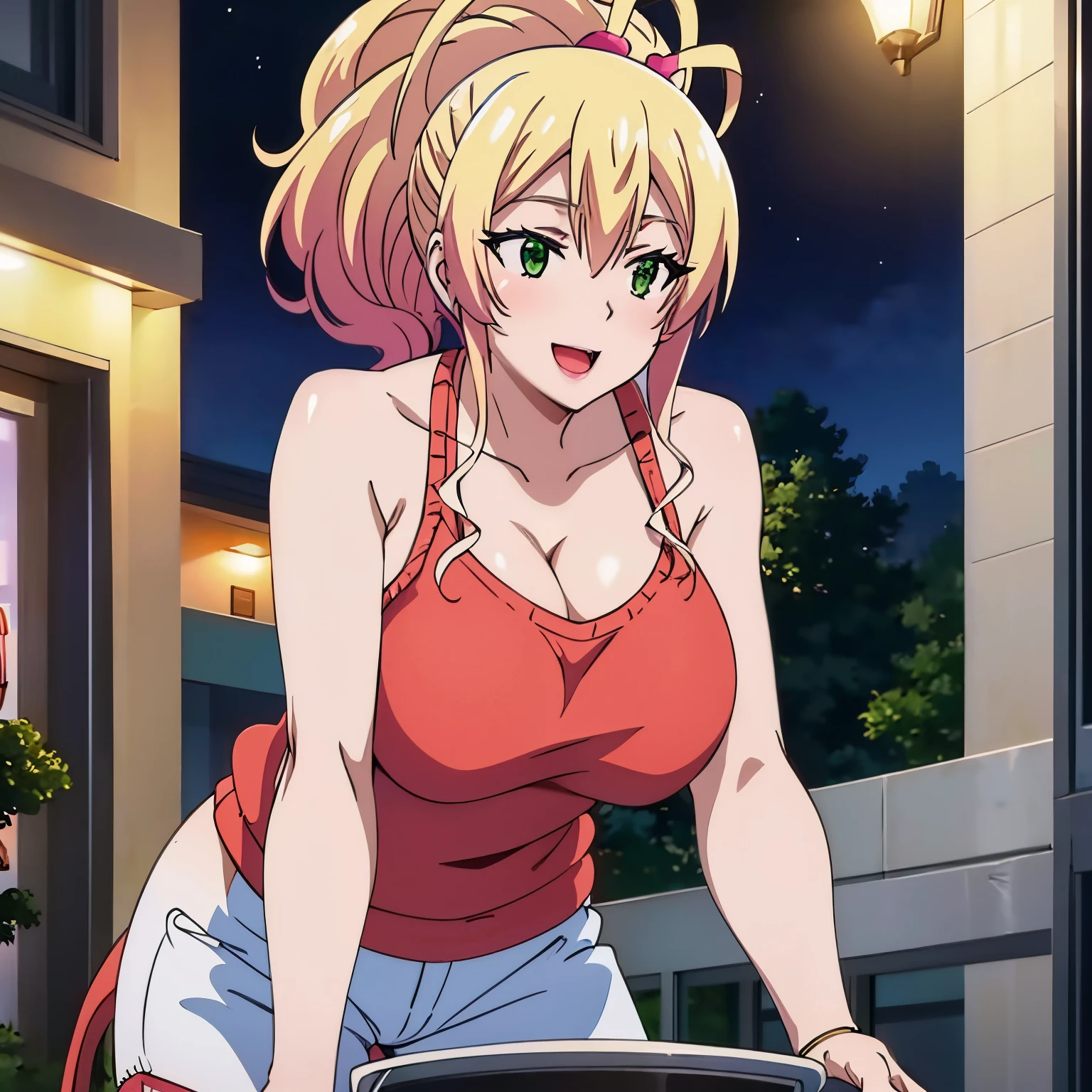 1women, solo, ((nude)), ((huge tits)),  slim waist, outdoor, night city, ((busty)), blonde hair, green eyes, ponytail hair, smile, white tank top, short pants, open mouth, view at camera, cleavage